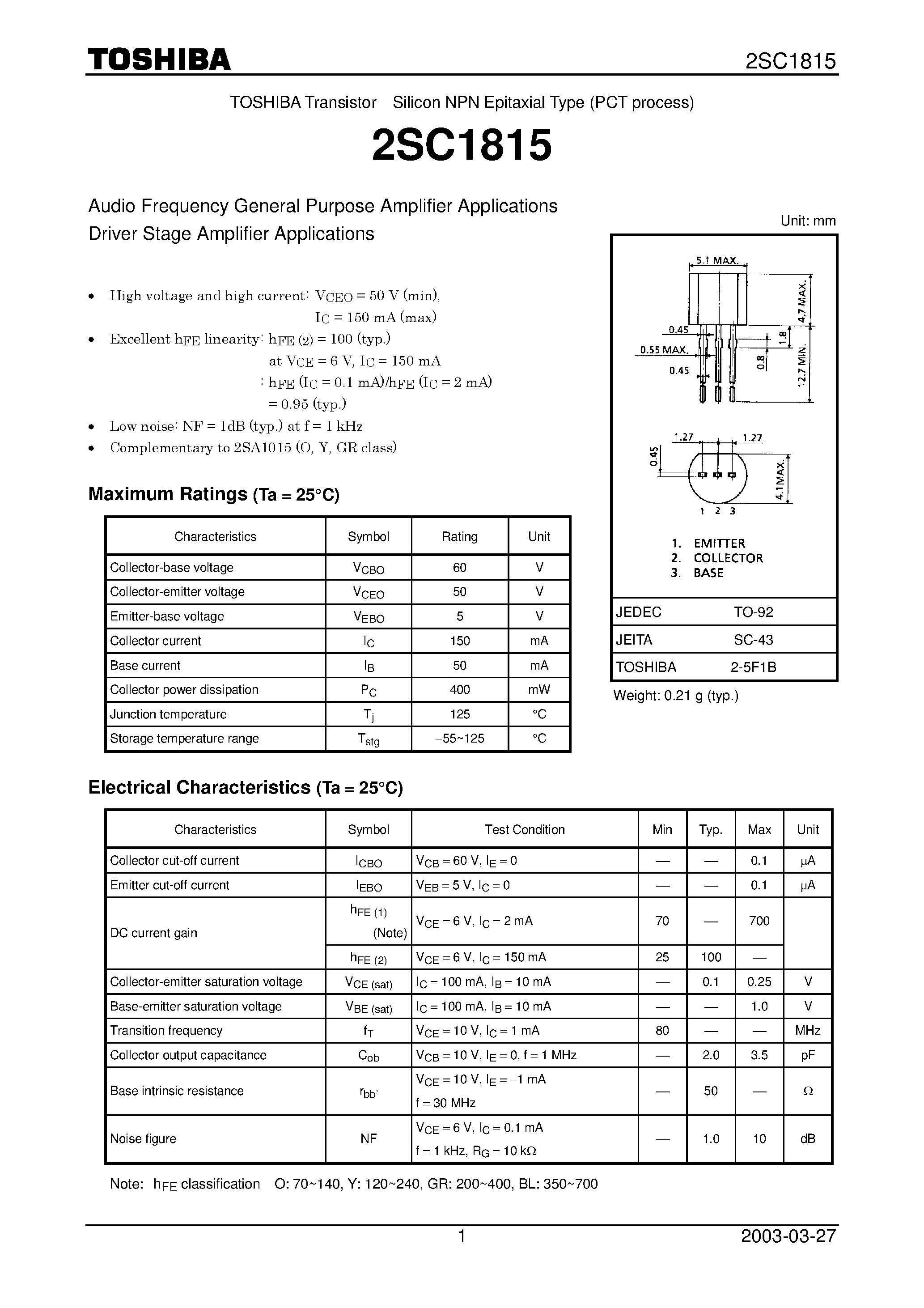 Даташит 2SC1815 - Transistor Silicon NPN страница 1