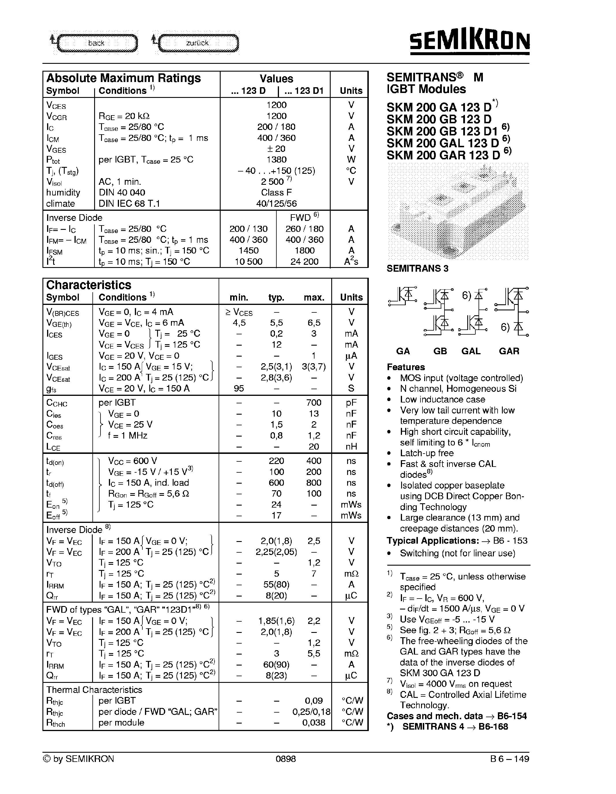 Datasheet SKM200GB123D - Semitrans 1 Gbit Modules page 1