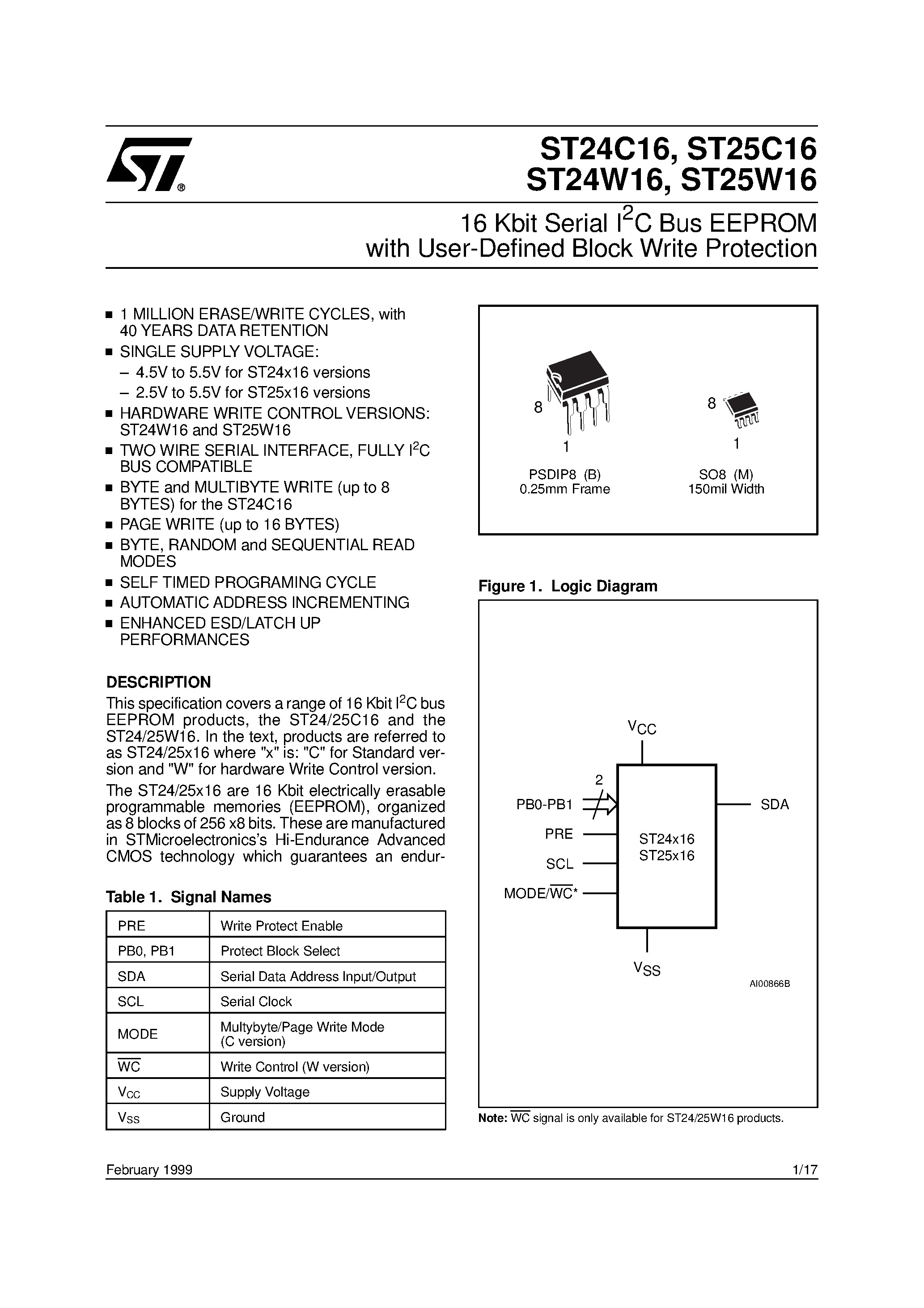 Даташит на микросхему ST24W16 страница 1 Даташит ST24W16 - 16 Kbit Serial I2C Bus EEPROM with User-Defined Block Write Protection страница 1