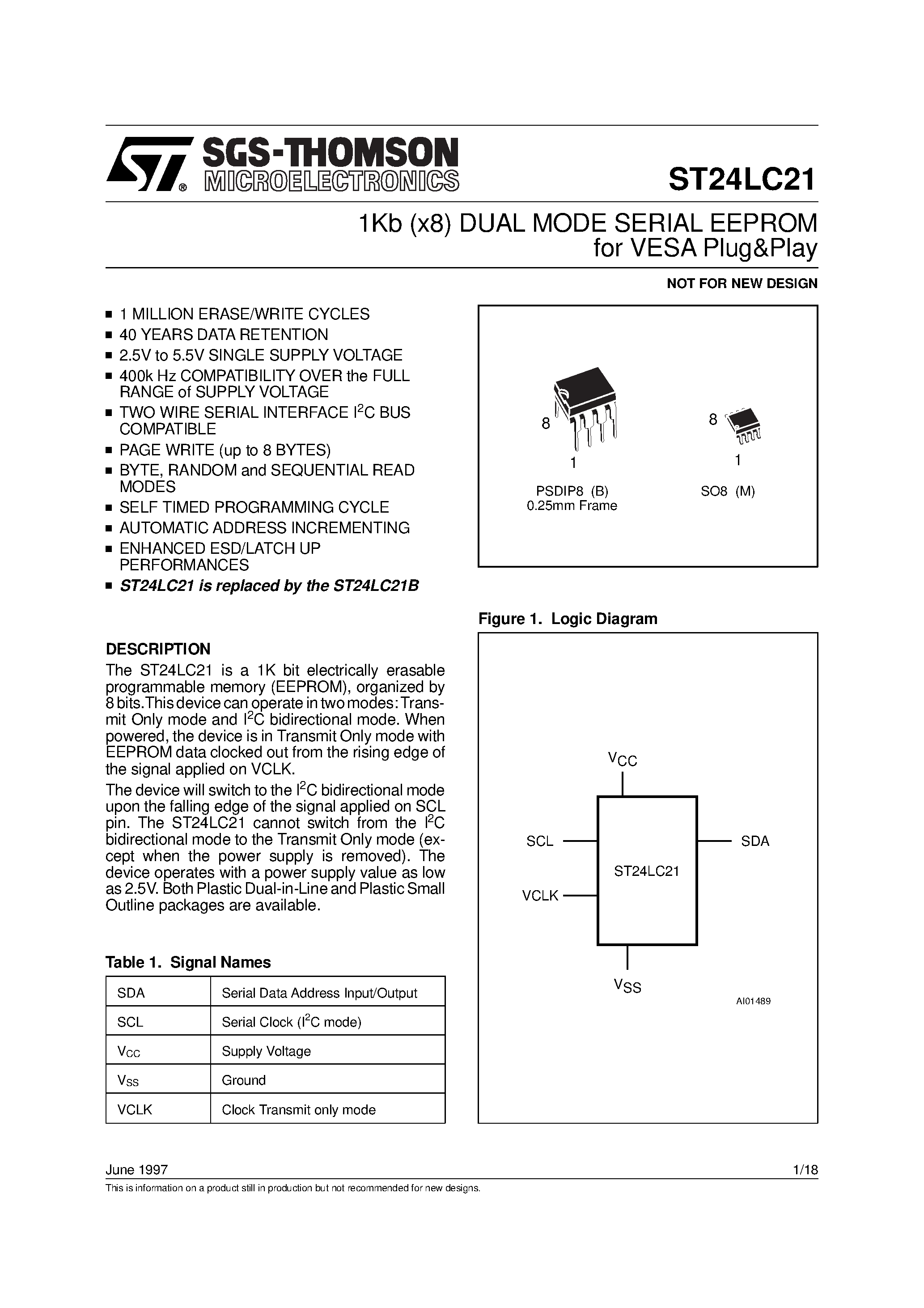 Datasheet ST24LC21 page 1 Datasheet ST24LC21 - 1Kb x8 DUAL MODE SERIAL EEPROM for VESA Plug&Play page 1