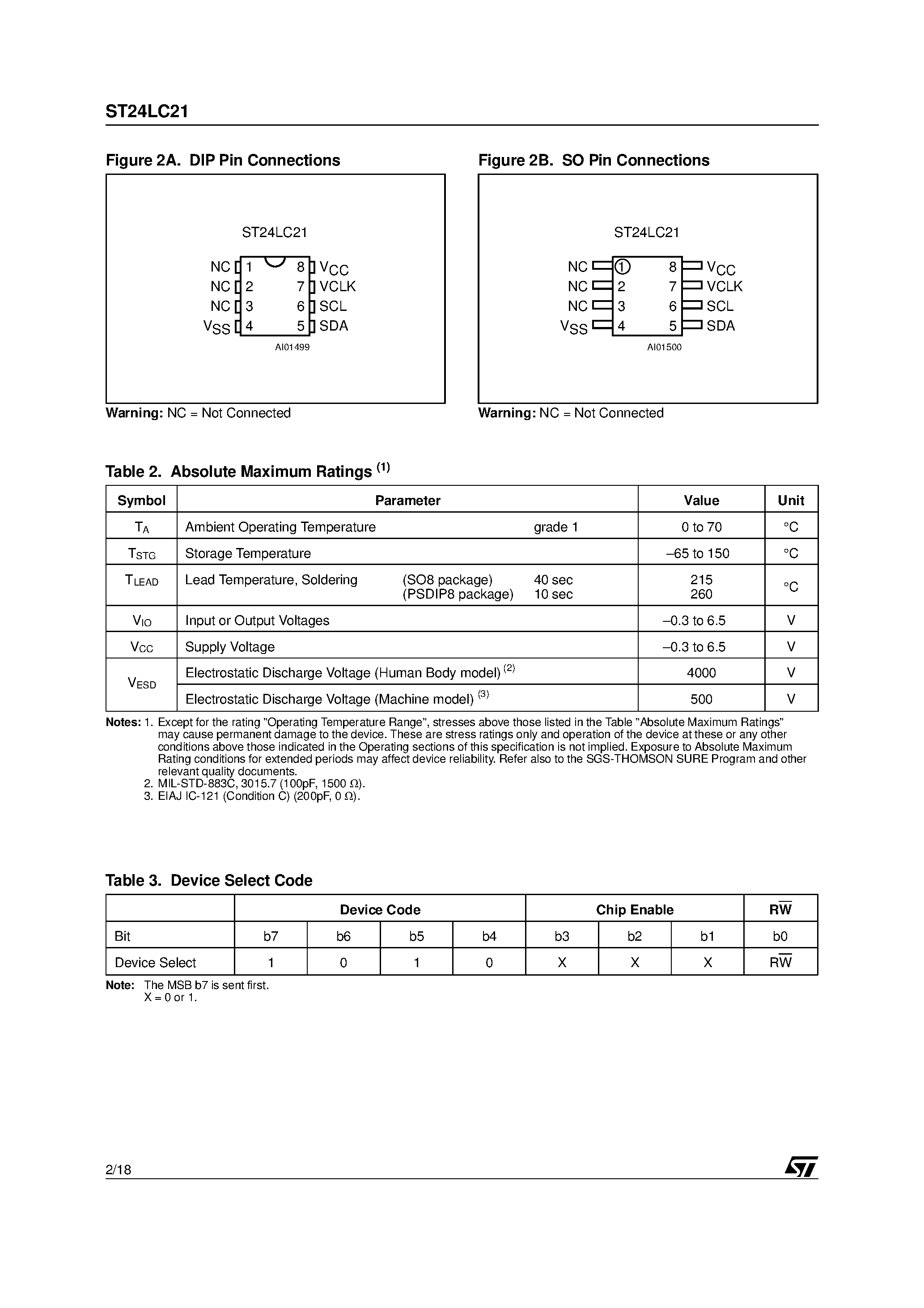 Datasheet ST24LC21 page 2 Datasheet ST24LC21 - 1Kb x8 DUAL MODE SERIAL EEPROM for VESA Plug&Play page 2
