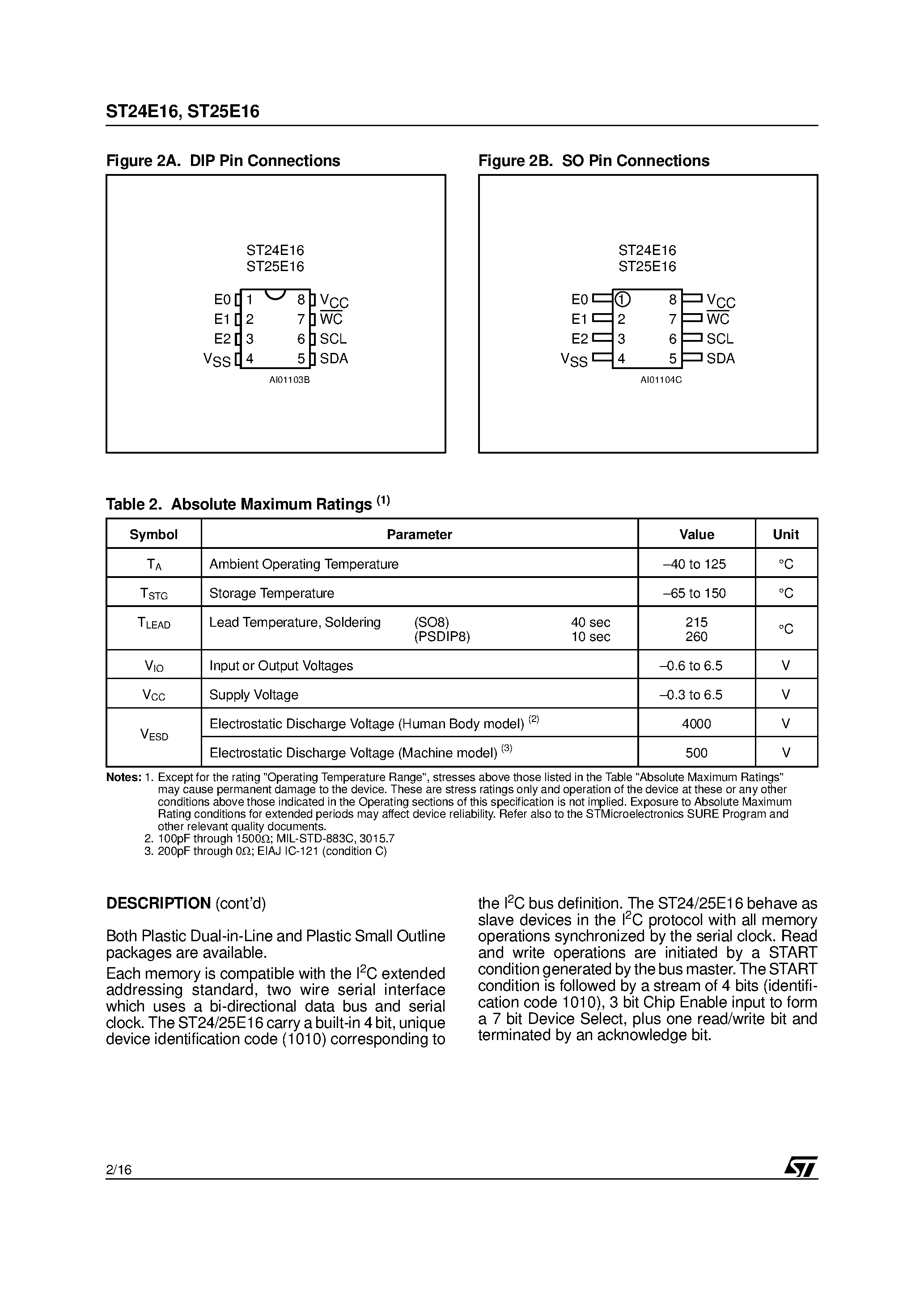 Datasheet ST24E16 page 2 Datasheet ST24E16 - 16 Kbit Serial I2C EEPROM with Extended Addressing page 2
