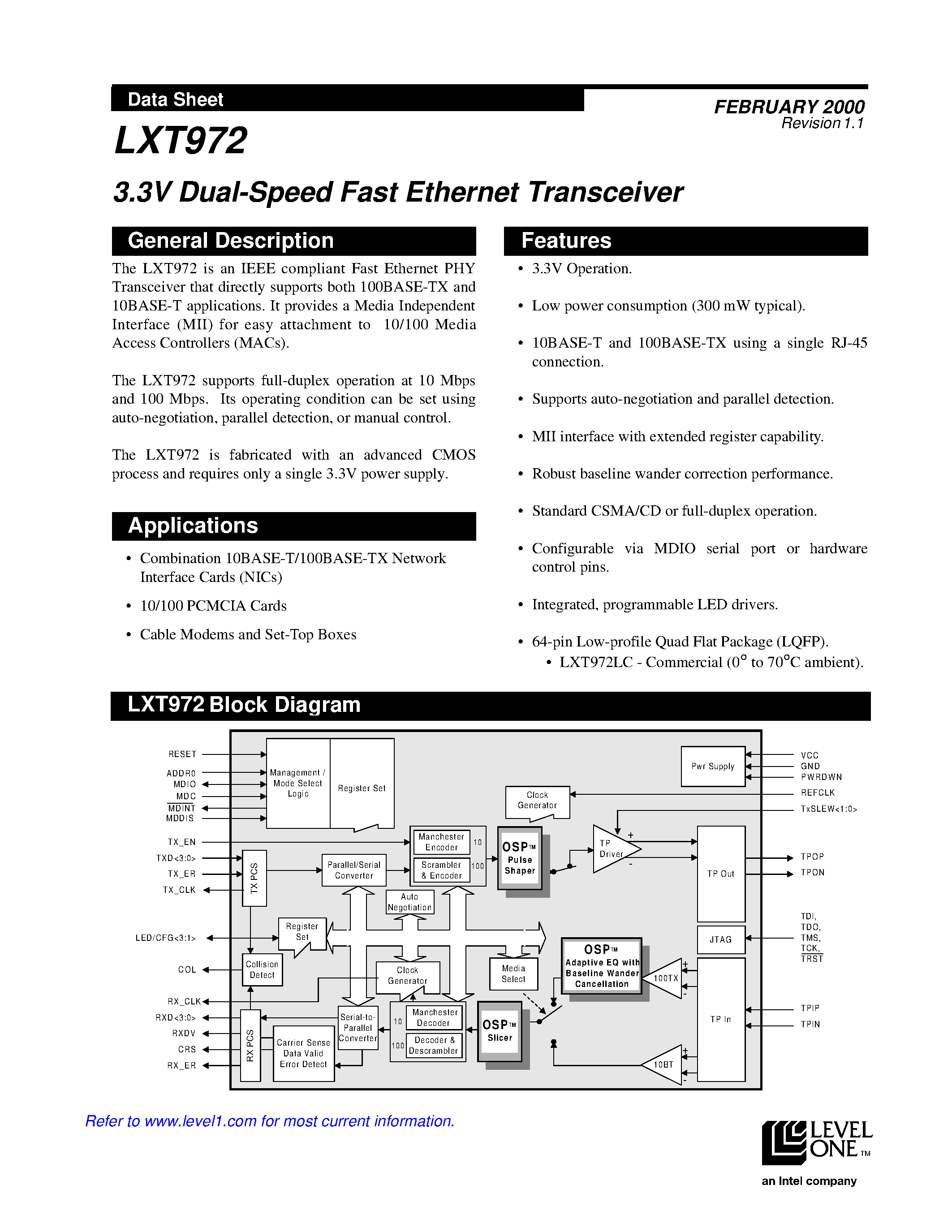 Даташит на микросхему LXT972 страница 1 Даташит LXT972 - 3.3V Dual-Speed Fast Ethernet Transceiver Datasheet страница 1