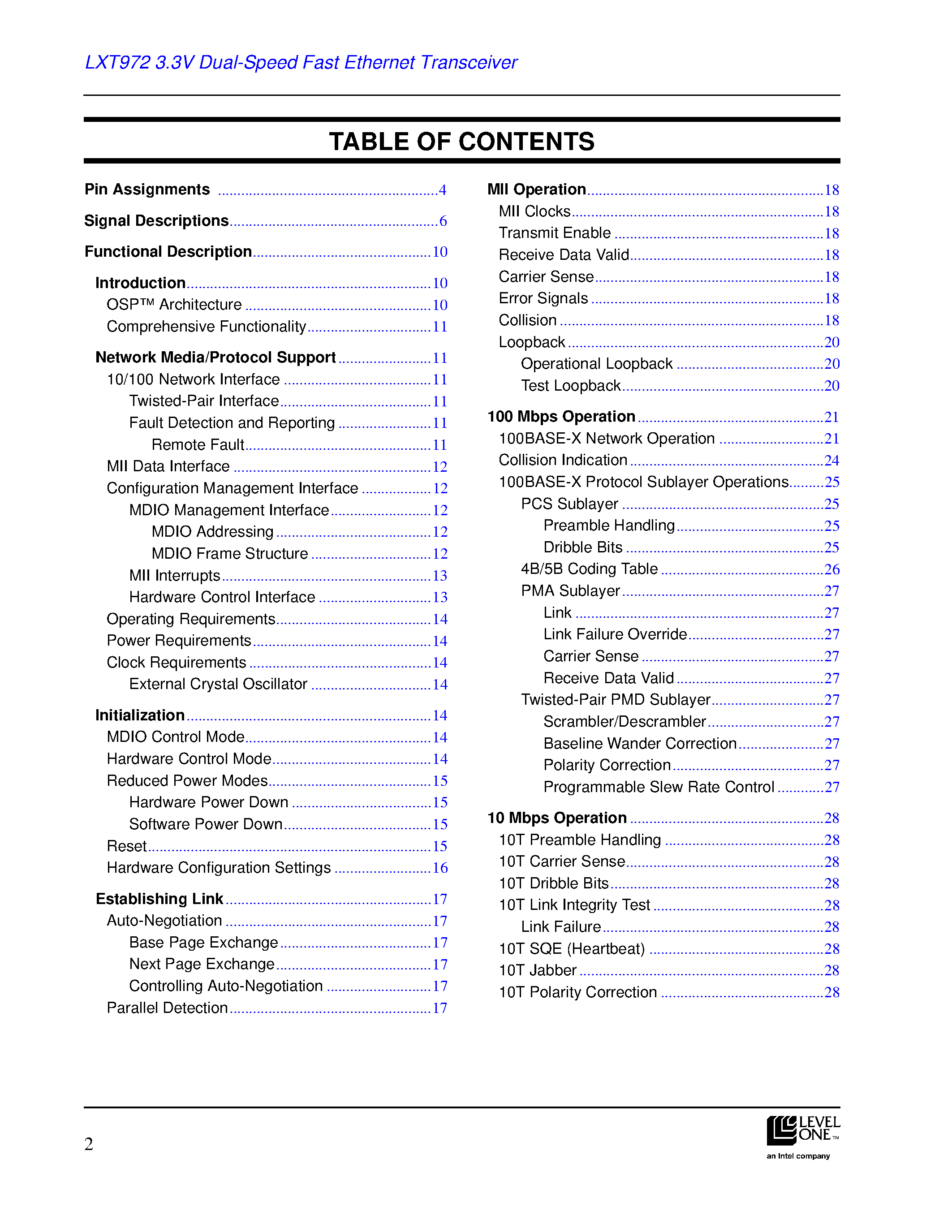 Даташит на микросхему LXT972 страница 2 Даташит LXT972 - 3.3V Dual-Speed Fast Ethernet Transceiver Datasheet страница 2