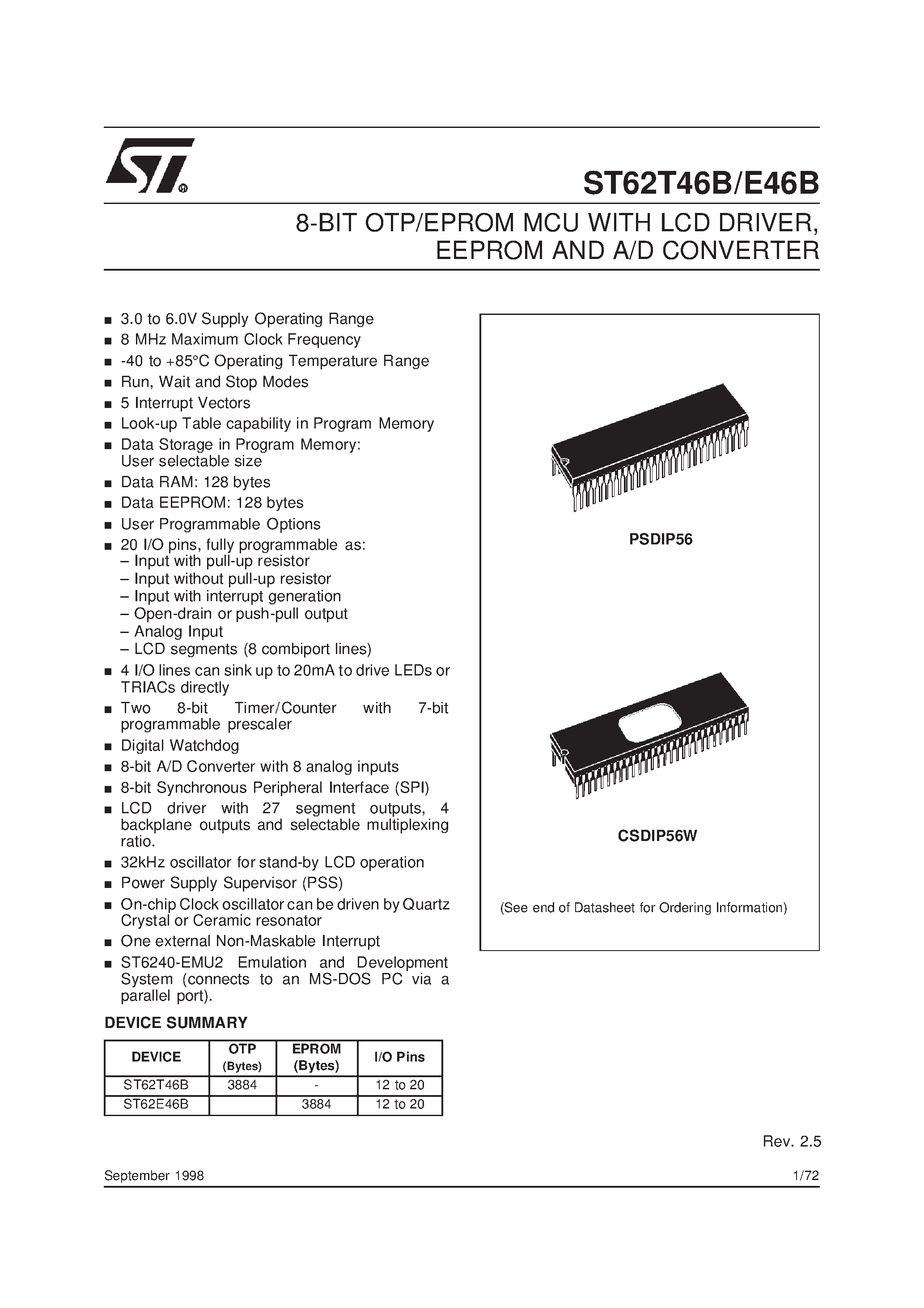 Datasheet ST62T46B page 1 Datasheet ST62T46B - 8-BIT OTP/EPROM MCU WITH LCD DRIVER / EEPROM AND A/D CONVERTER page 1