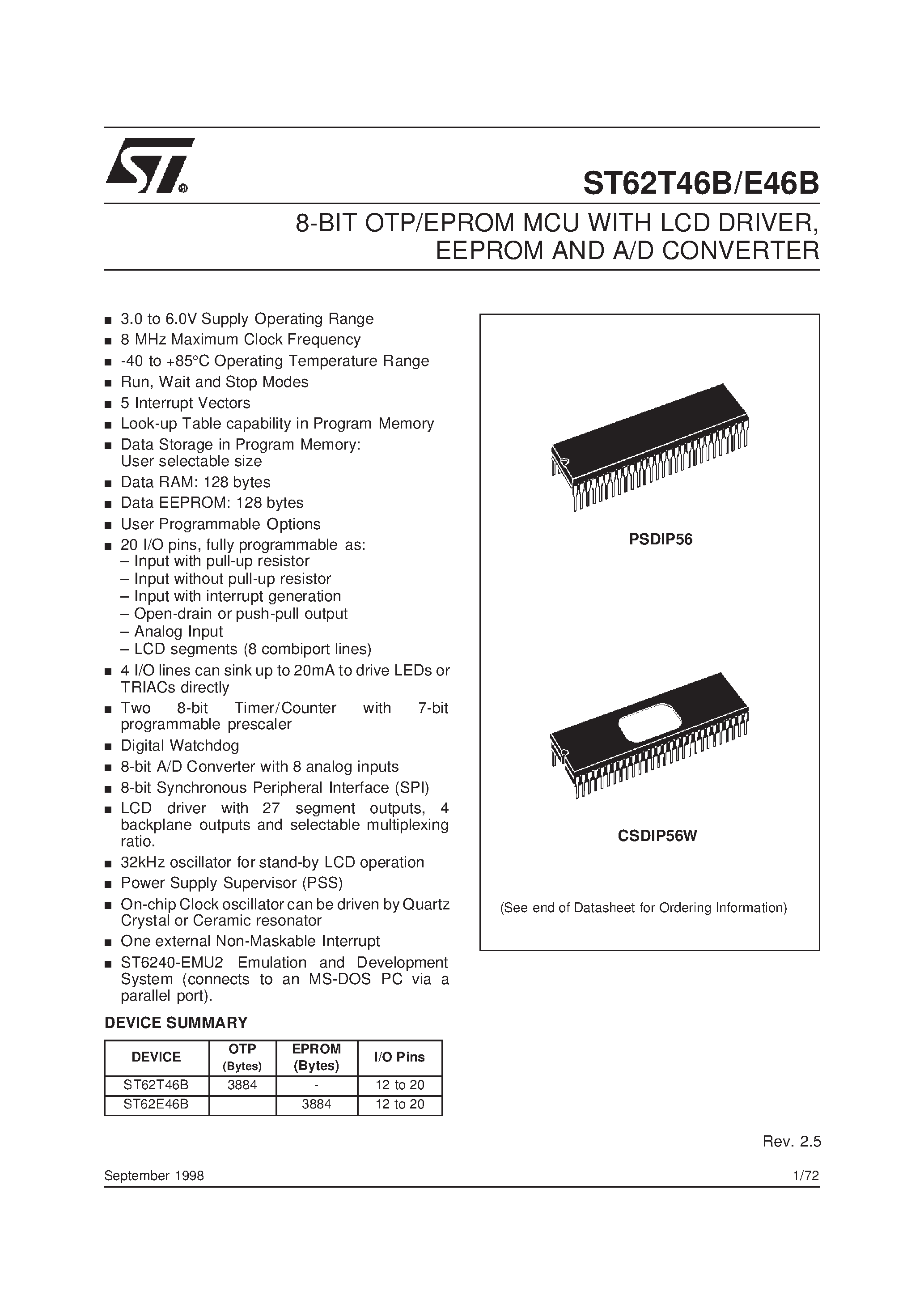 Даташит ST62T46B - 8-BIT OTP/EPROM MCU WITH LCD DRIVER / EEPROM AND A/D CONVERTER страница 1