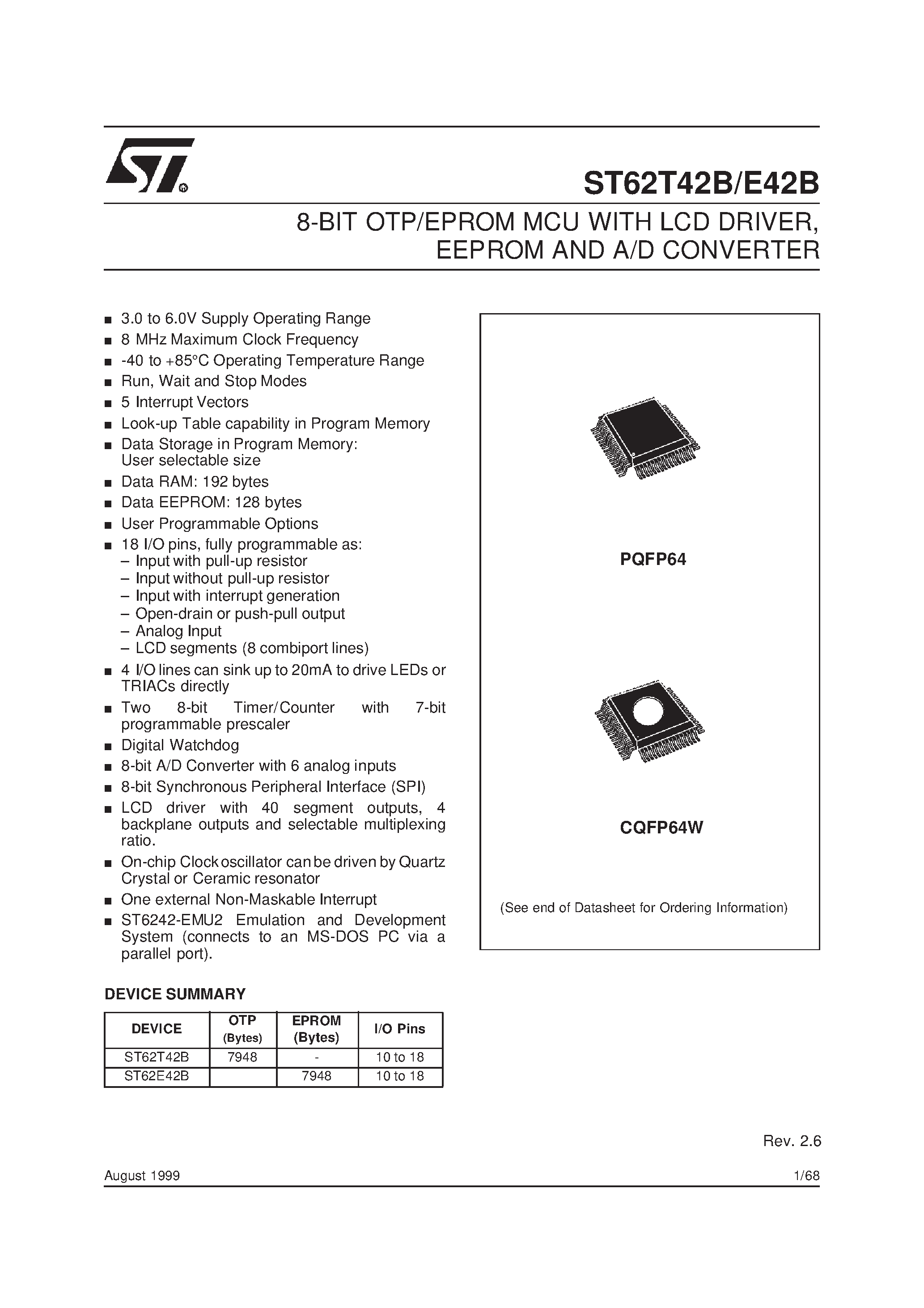 Даташит ST62T42B - 8-BIT OTP/EPROM MCU WITH LCD DRIVER / EEPROM AND A/D CONVERTER страница 1