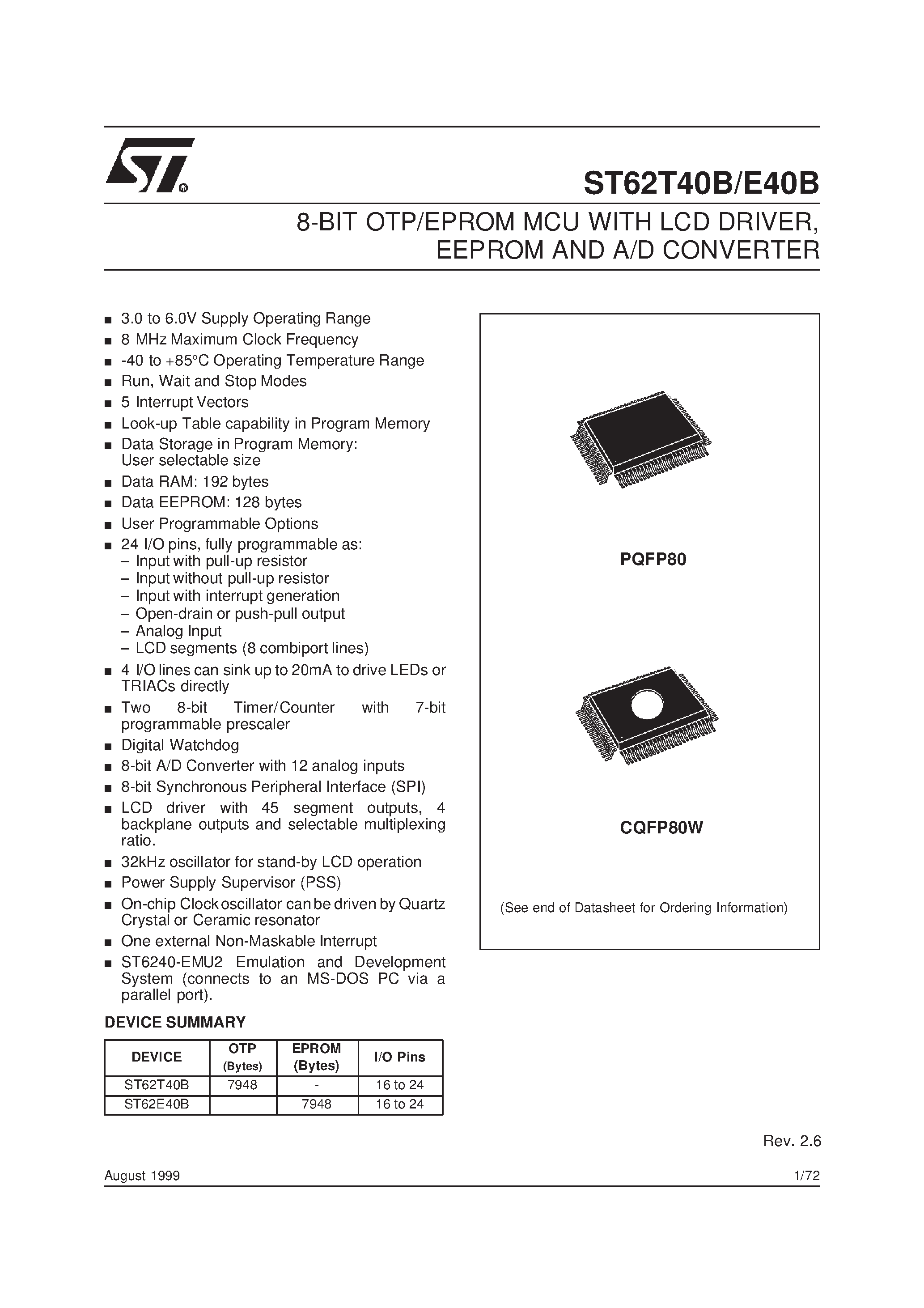 Даташит ST62T40B - 8-BIT OTP/EPROM MCU WITH LCD DRIVER / EEPROM AND A/D CONVERTER страница 1