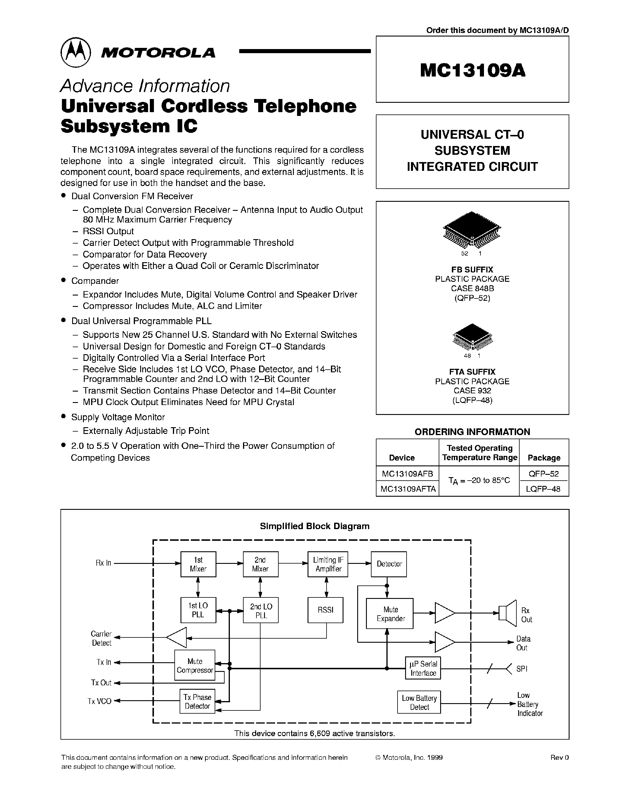 Datasheet MC13109A - Universal Cordless Telephone Subsystem IC page 1