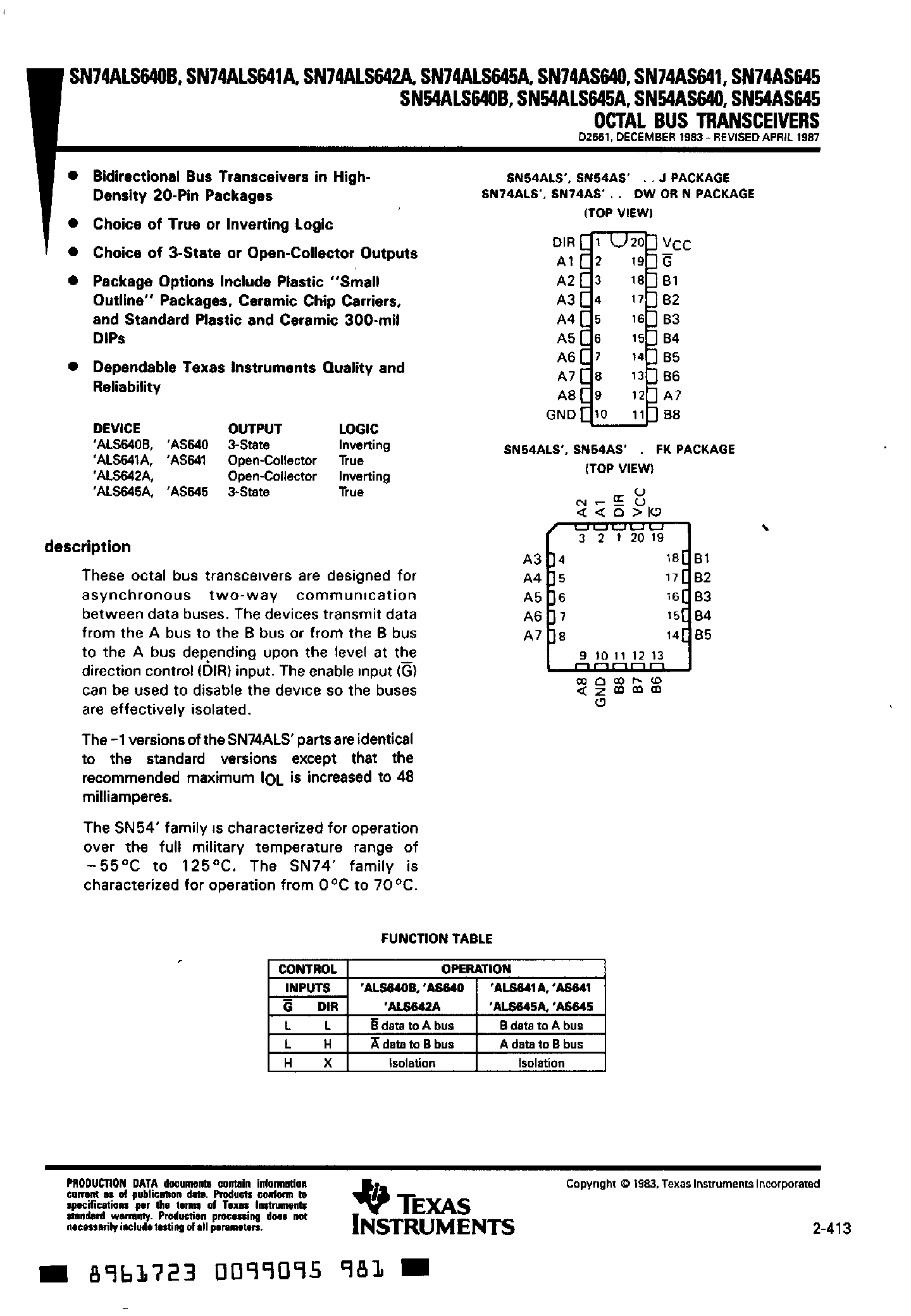 Datasheet SN74ALS1641 page 1 Datasheet SN74ALS1641 - Octal Bus Transceivers page 1