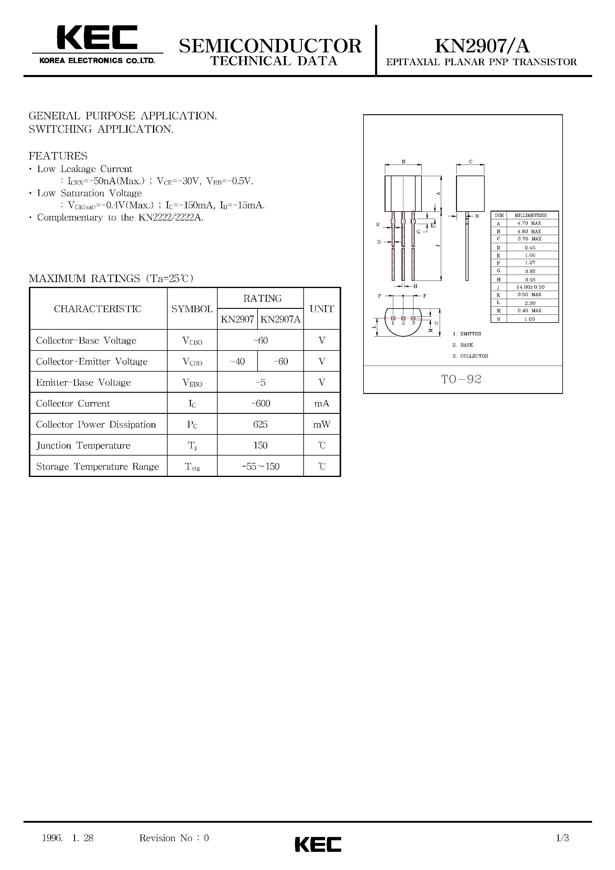 Даташит на микросхему KN2907A страница 1 Даташит KN2907A - EPITAXIAL PLANAR PNP TRANSISTOR страница 1