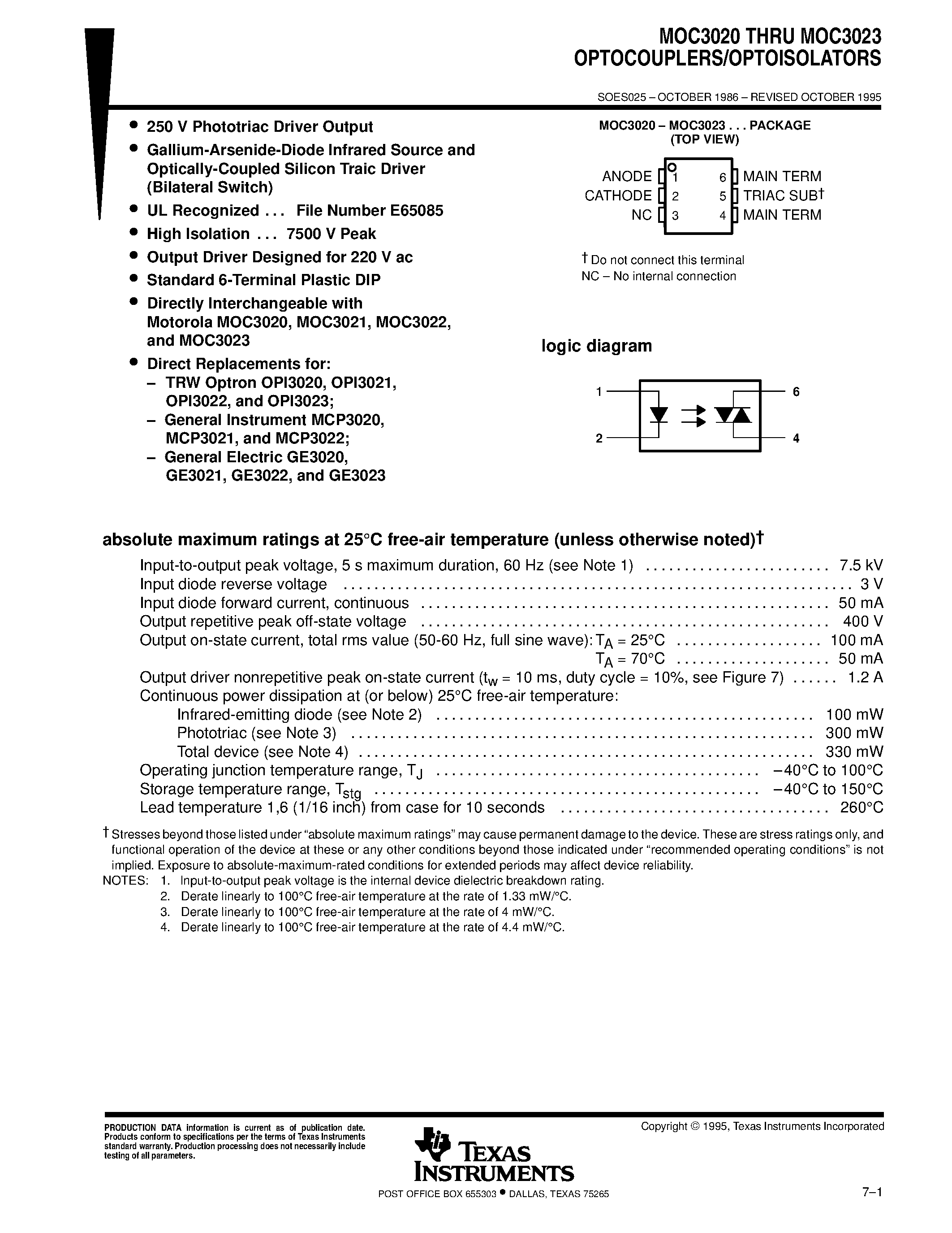 Даташит на микросхему MOC3023 страница 1 Даташит MOC3023 - OPTOCOUPLERS/OPTOISOLATORS страница 1