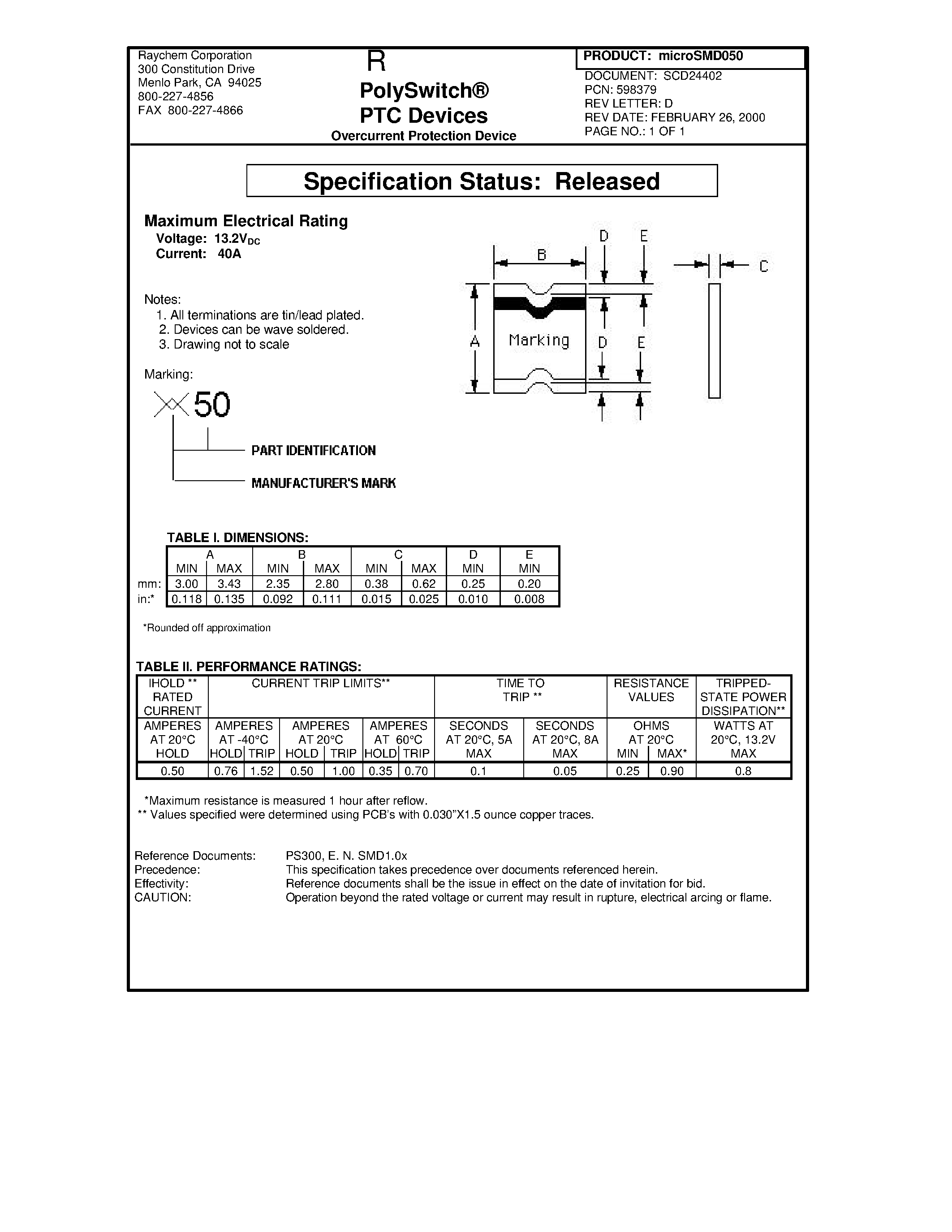 Datasheet MICROSMD050 - Poly Switch PTC Devices page 1