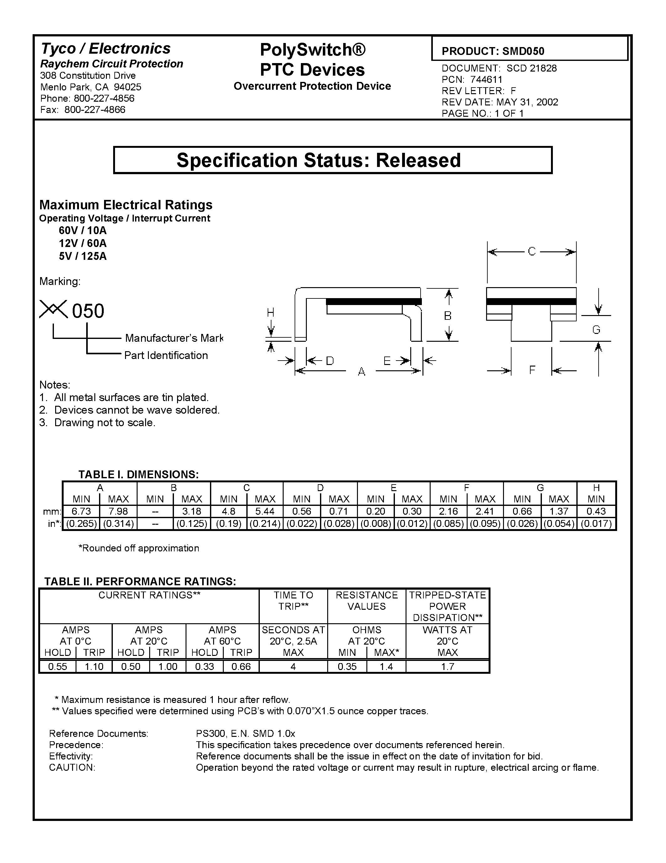 Datasheet SMD050 page 1 Datasheet SMD050 - Poly Switch PTC Devices page 1