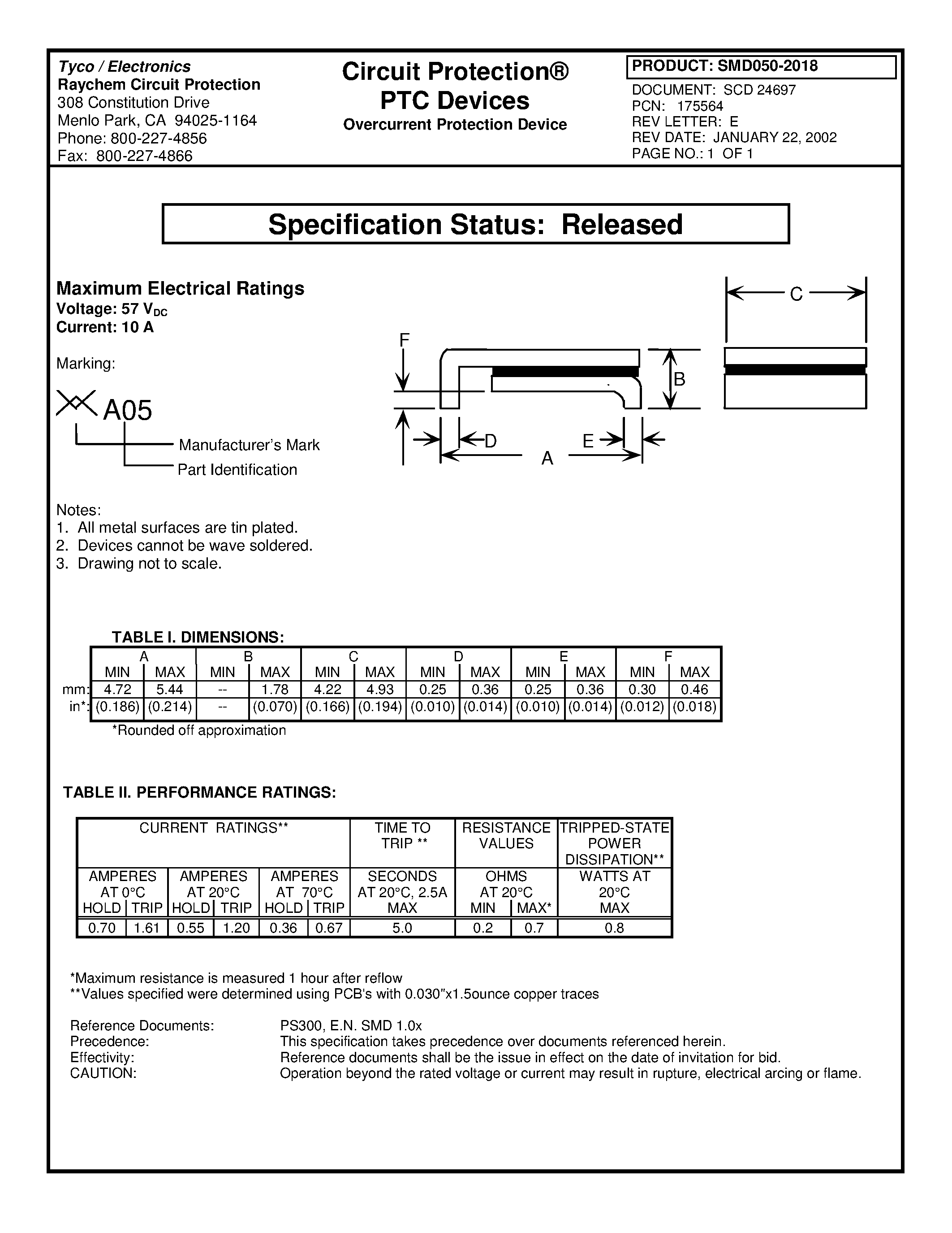 Datasheet SMD050-2018 page 1 Datasheet SMD050-2018 - Poly Switch PTC Devices page 1