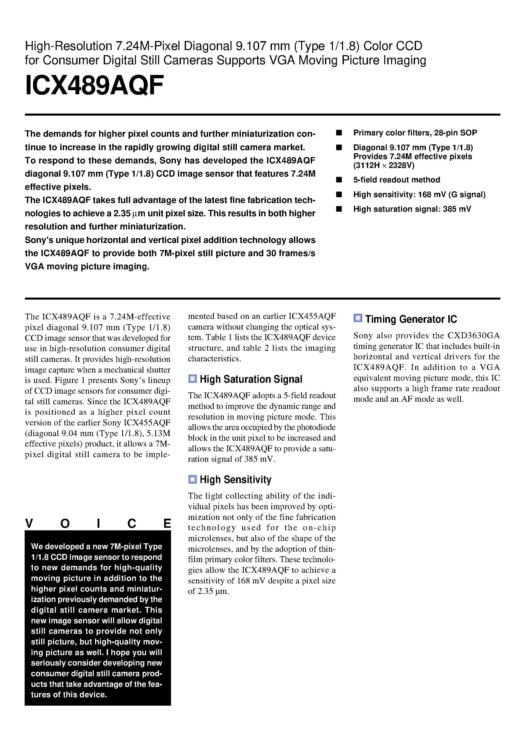 Datasheet ICX489AQF - High-Resolution 7.24M-Pixel Diagonal 9.107 mm (Type 1/1.8) Color CCD page 1