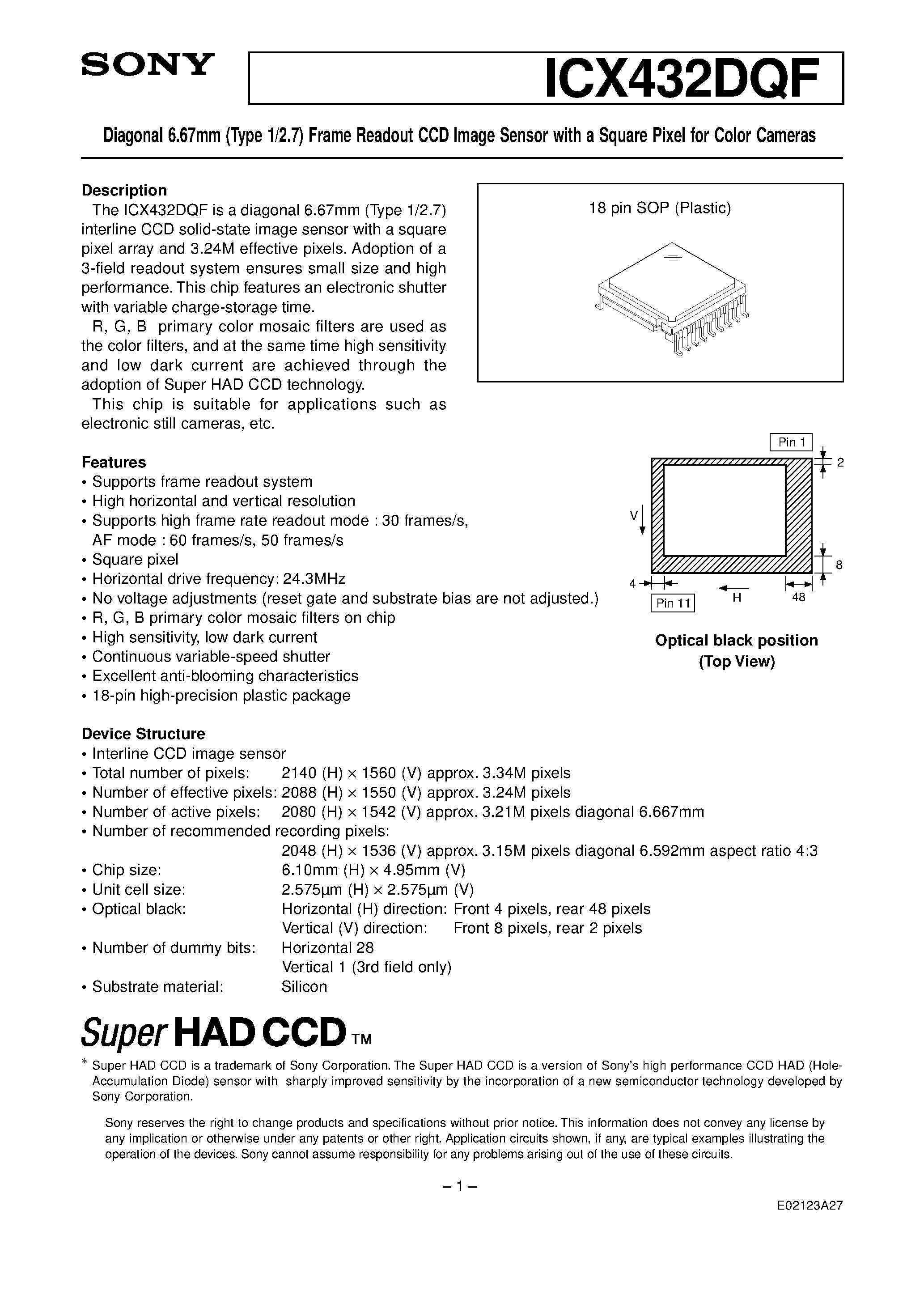 Datasheet ICX432DQF - Diagonal 6.67mm (Type 1/2.7) Frame Readout CCD Image Sensor page 1