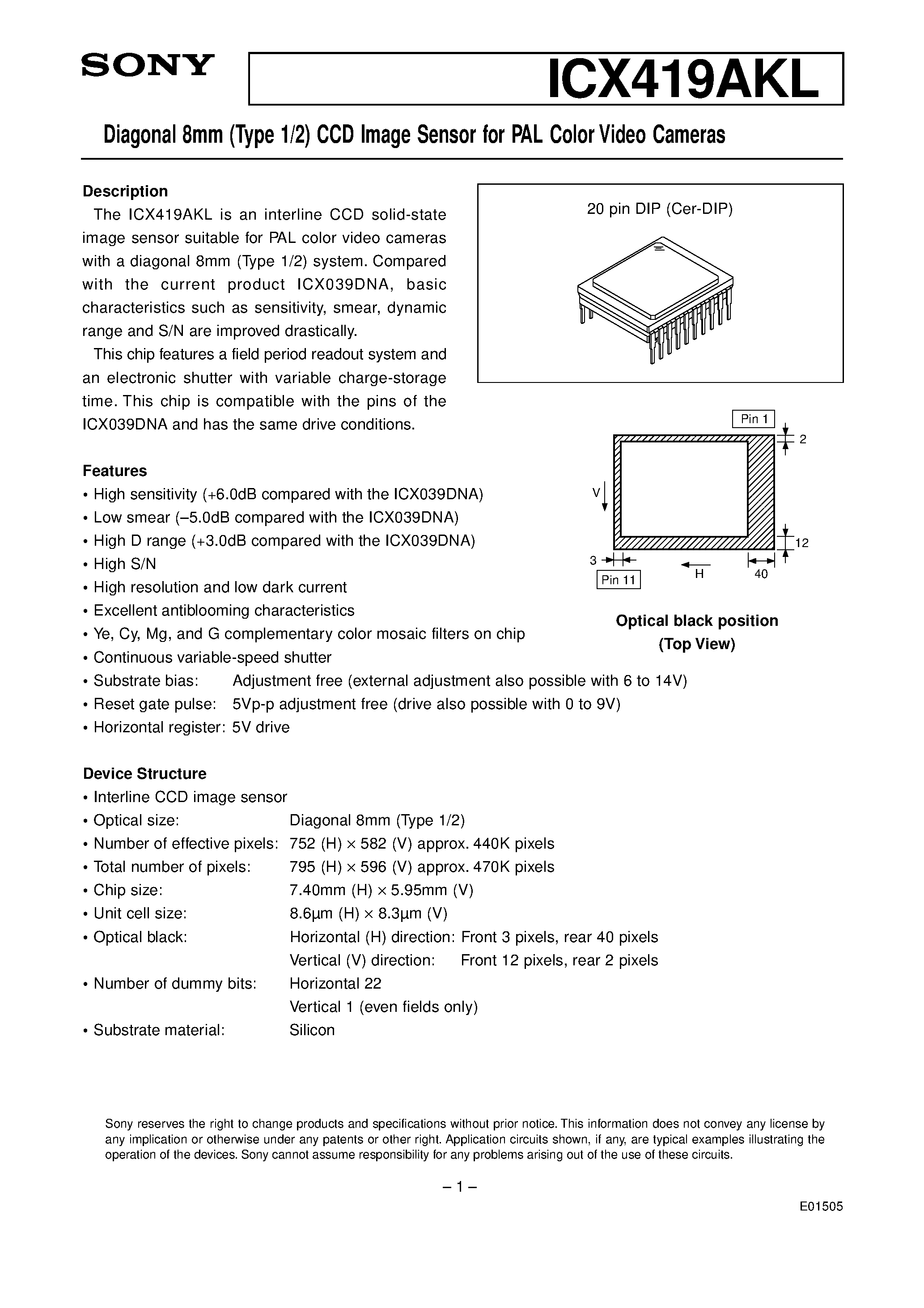 Datasheet ICX419AKL - Diagonal 8mm (Type 1/2) CCD Image Sensor for PAL Color Video Cameras page 1