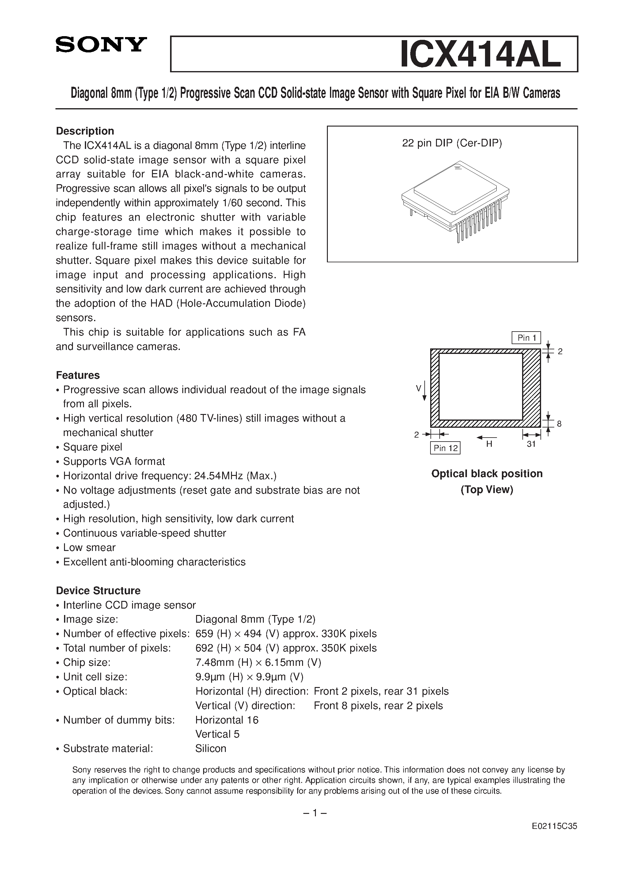Даташит ICX414AL - Diagonal 8mm Progressive Scan CCD Solid-state Image Sensor страница 1