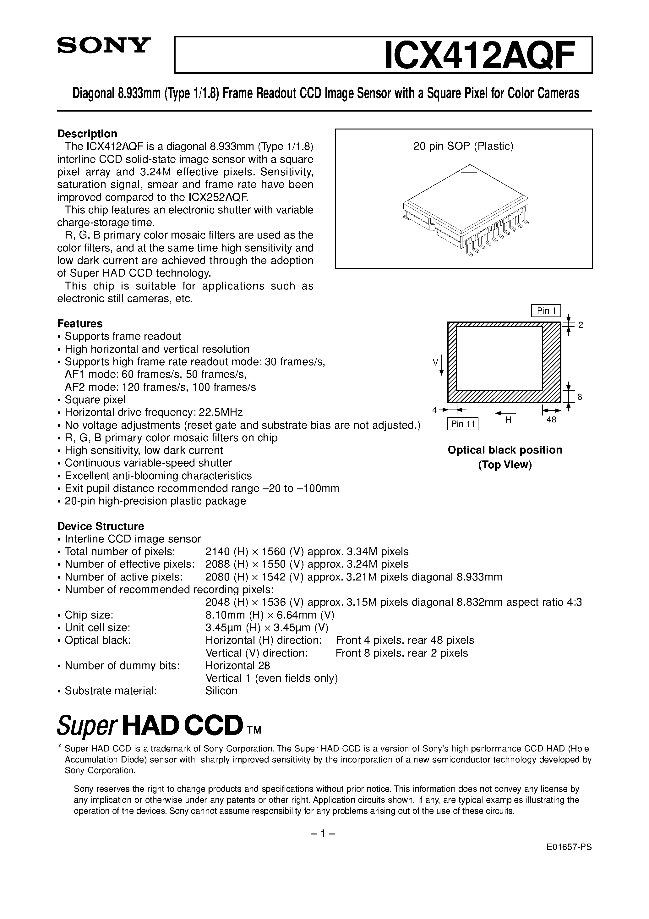 Datasheet ICX412AQF - Diagonal 8.933mm (Type 1/1.8) Frame Readout CCD Image Sensor page 1