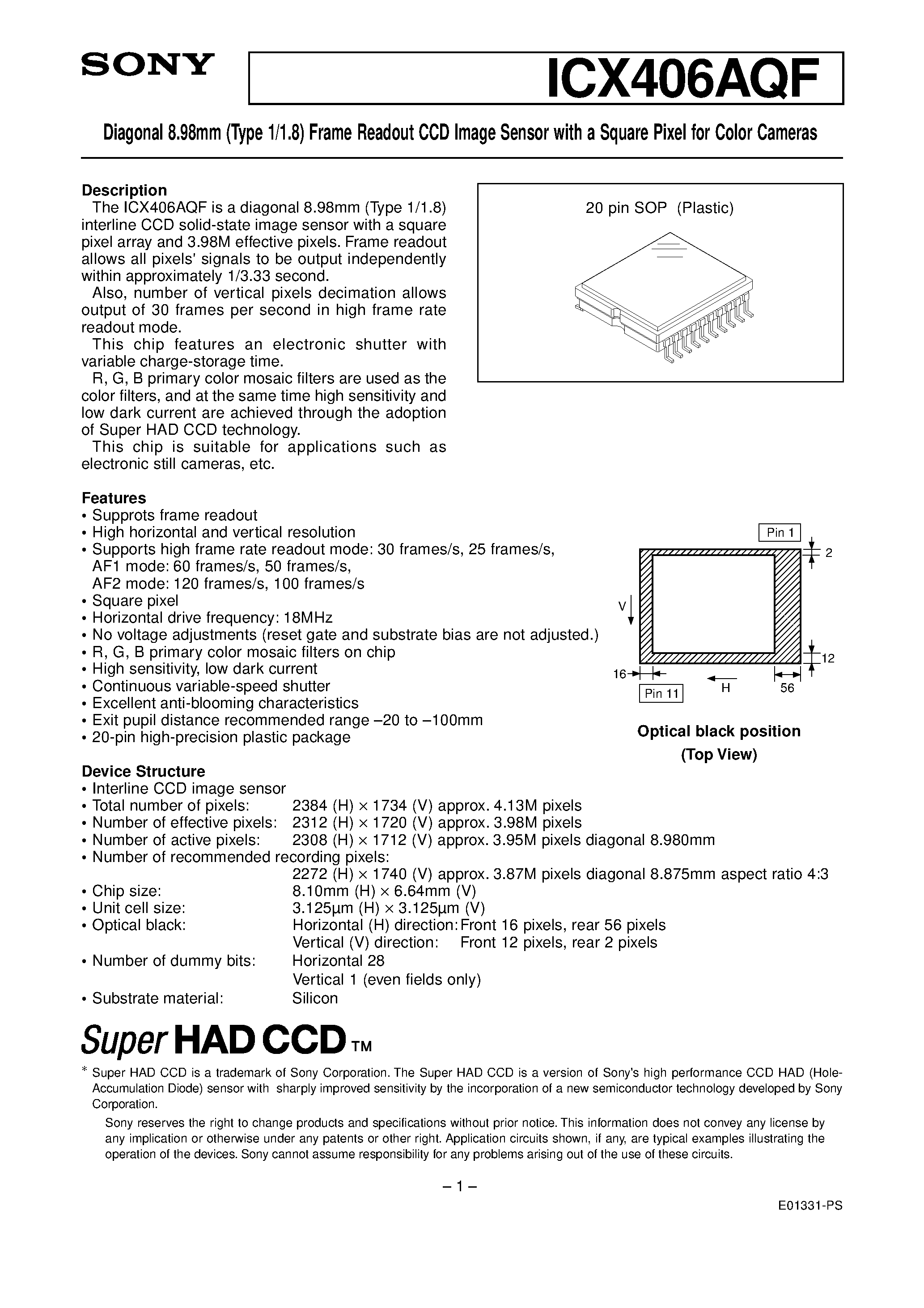 Datasheet ICX406AQF - Diagonal 8.98mm (Type 1/1.8) Frame Readout CCD Image Sensor page 1