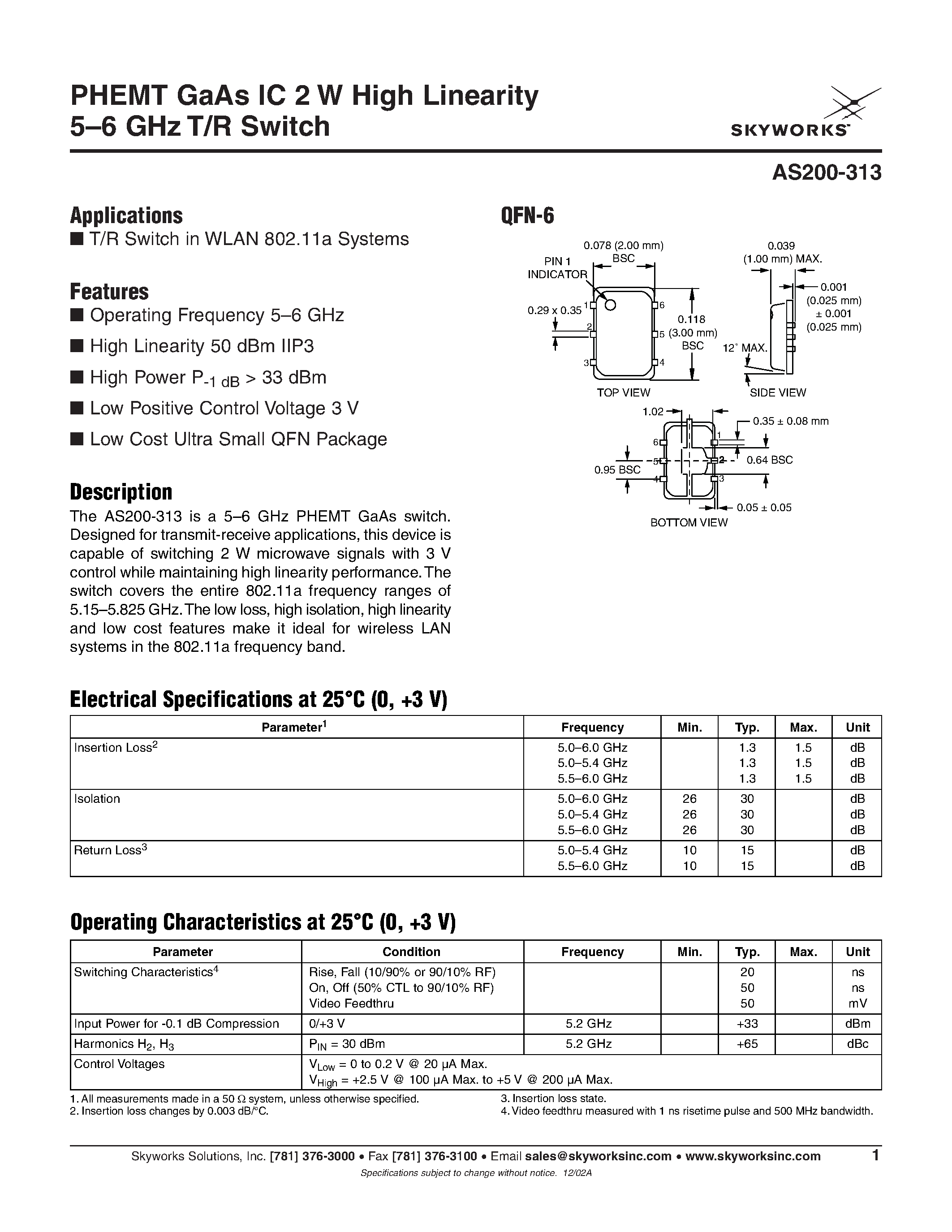 Даташит на микросхему As200-313 страница 1 Даташит As200-313 - As200-313:PHEMT GAAS ic 2 W High Linearity 5 6 страница 1