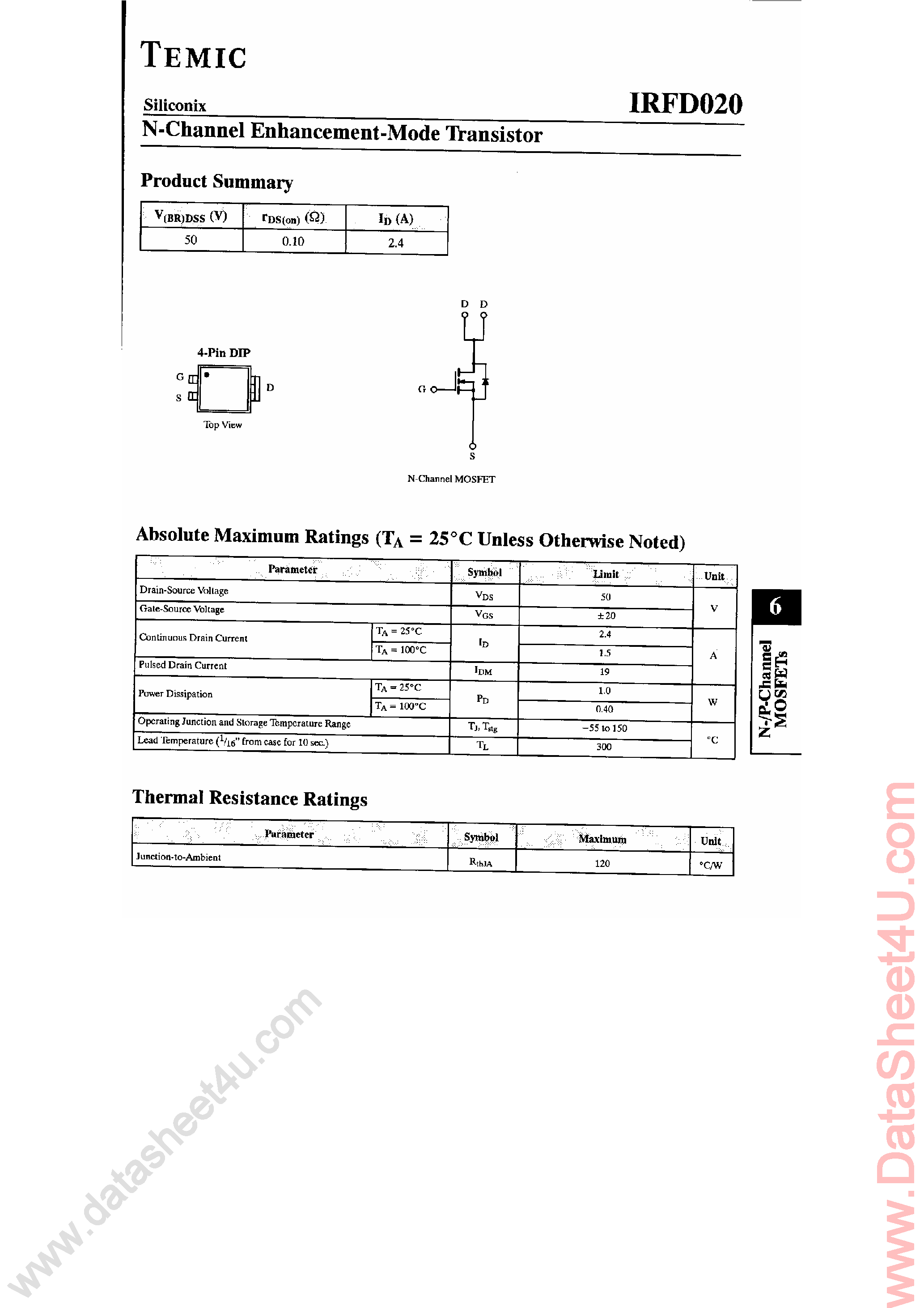 Datasheet IRFD020 - N Channel Enhancement Mode Transistor page 1