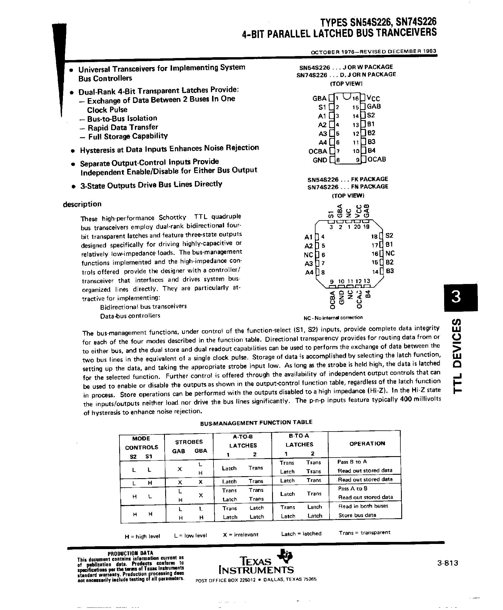 Datasheet SN74S226 page 1 Datasheet SN74S226 - 4 Bit Parallel Altched Bus Tranceivers page 1
