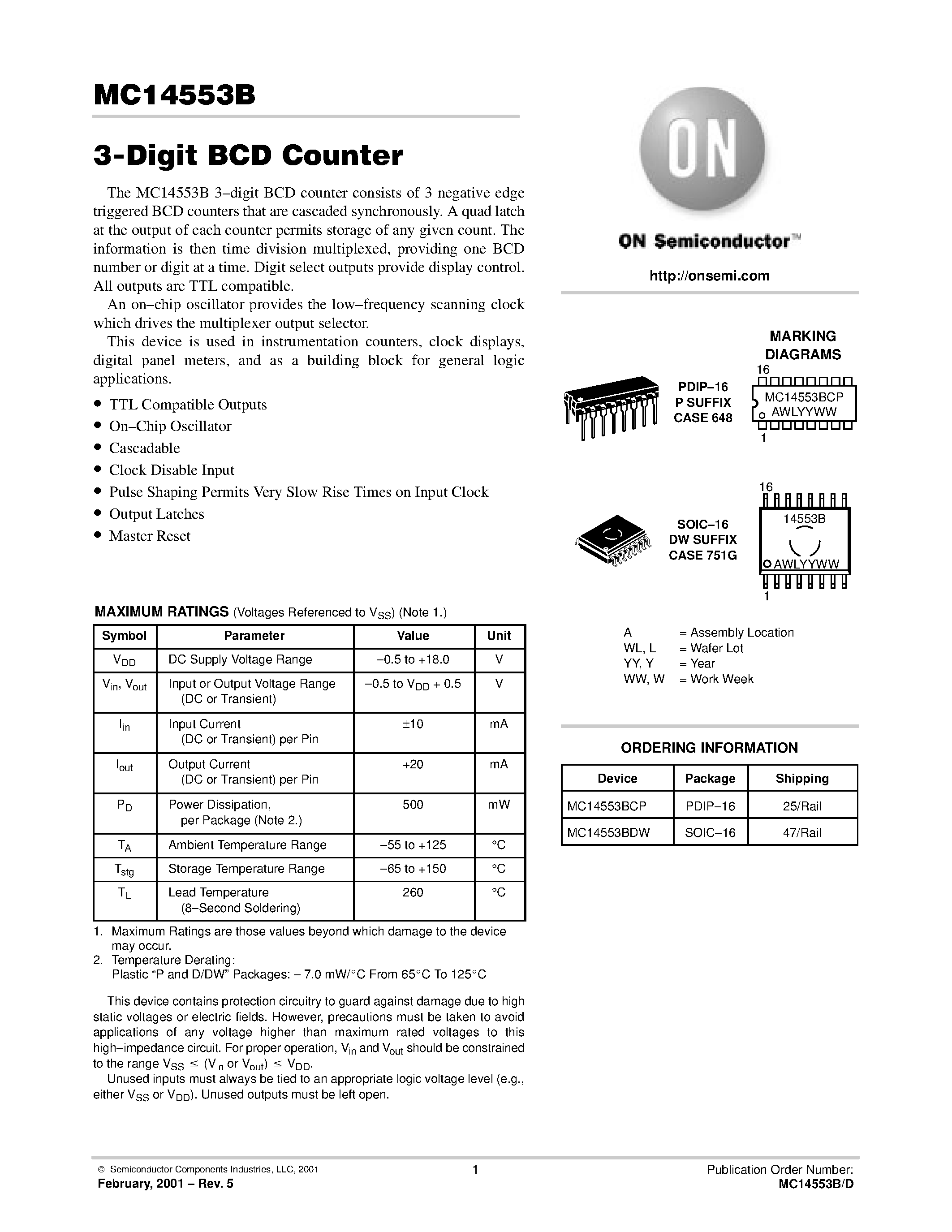 Datasheet CD4553 - (MC14553B) 3 Digit BCD Counter page 1