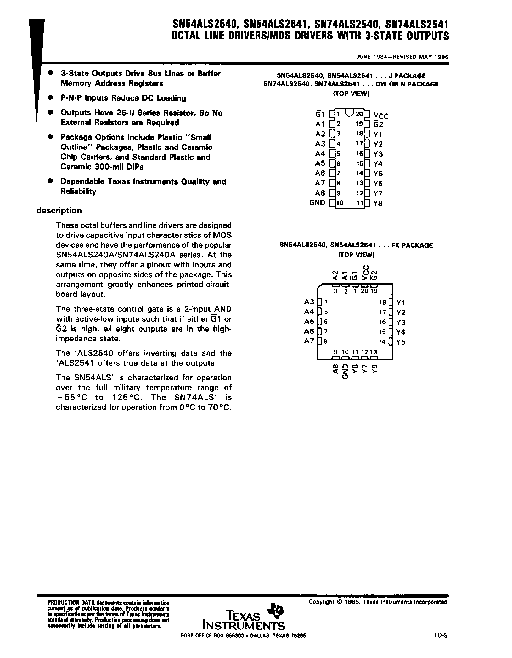Datasheet SN74ALS2540 page 1 Datasheet SN74ALS2540 - Octal Line Drivers / MOS Drivers with 3 State Outputs page 1