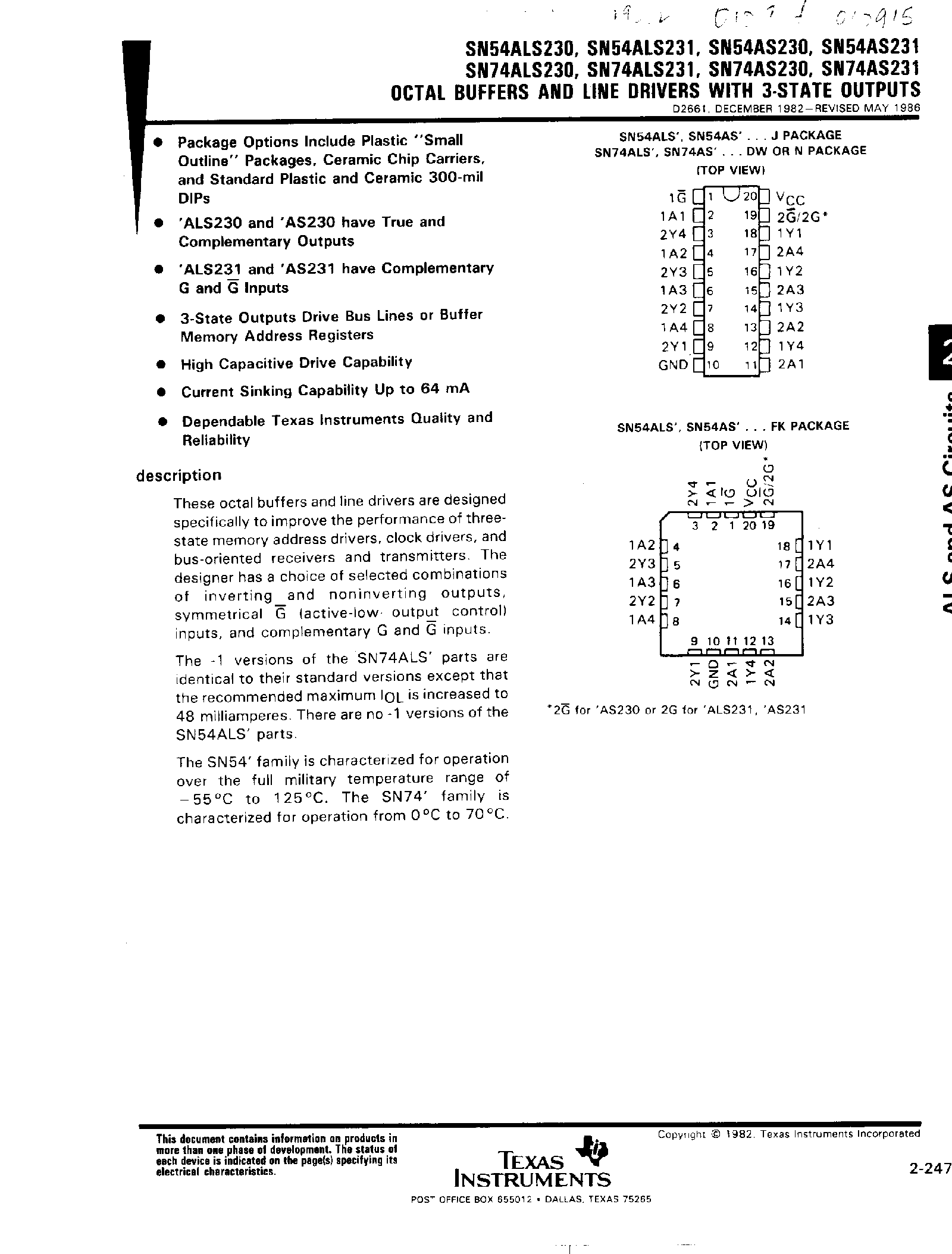 Datasheet SN74AS231 page 1 Datasheet SN74AS231 - Octal Buffers and Line Drivers with 3 State Outputs page 1