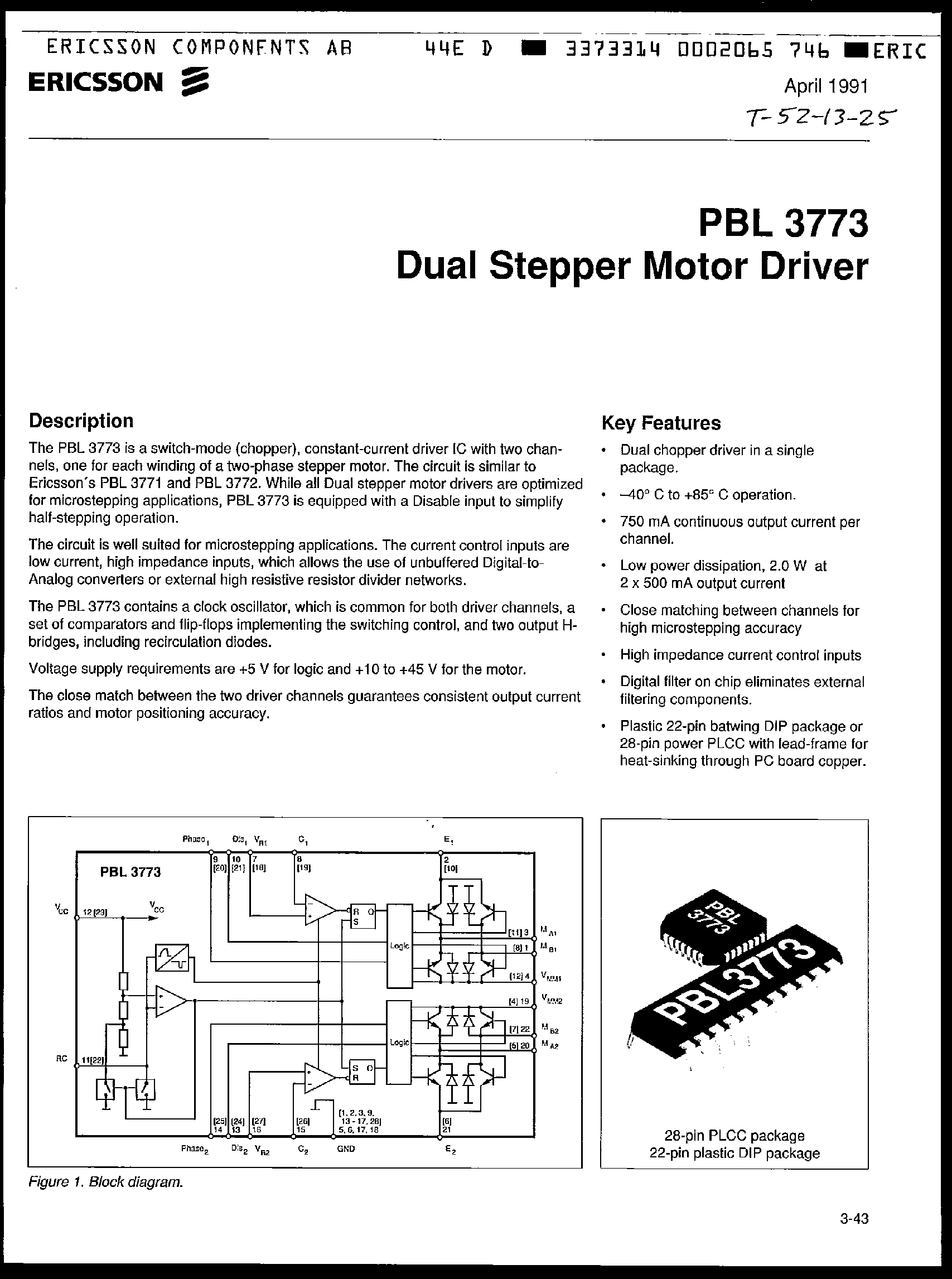 Даташит PBL3773 - Dual Stepper Motor Driver страница 1