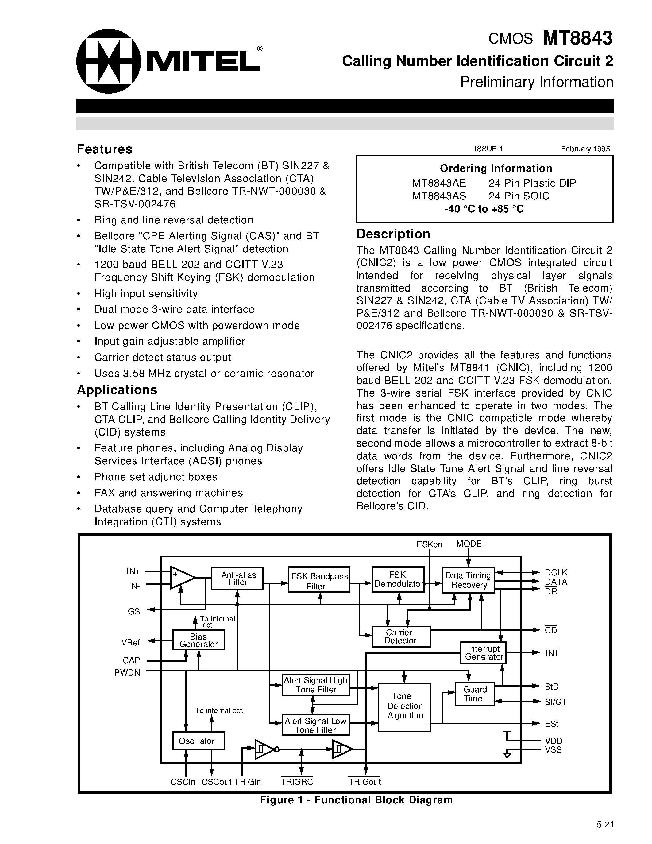 Datasheet MT8843 - CMOS Calling Number Identification Circuit 2 Preliminary Information page 1