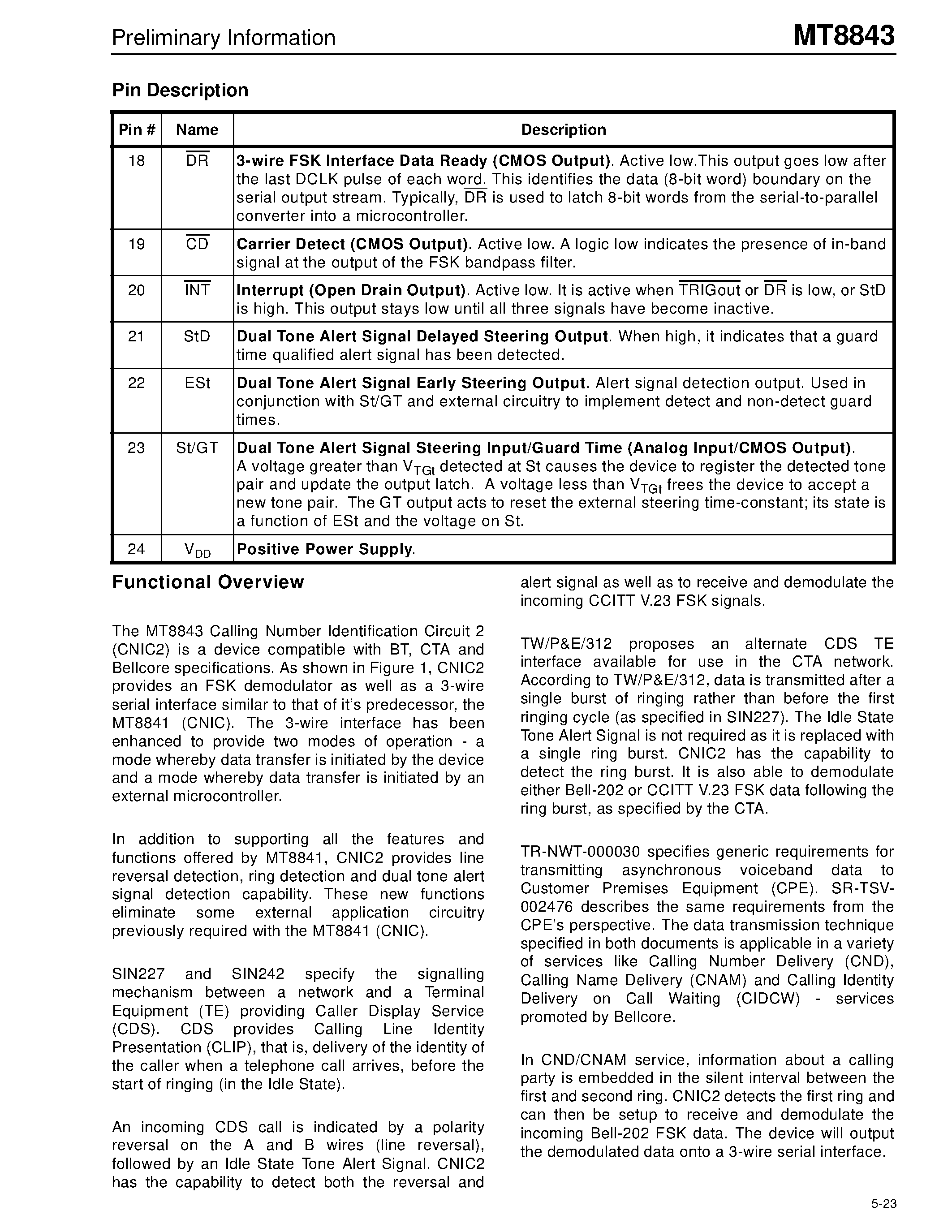 Datasheet MT8843 - CMOS Calling Number Identification Circuit 2 Preliminary Information page 2