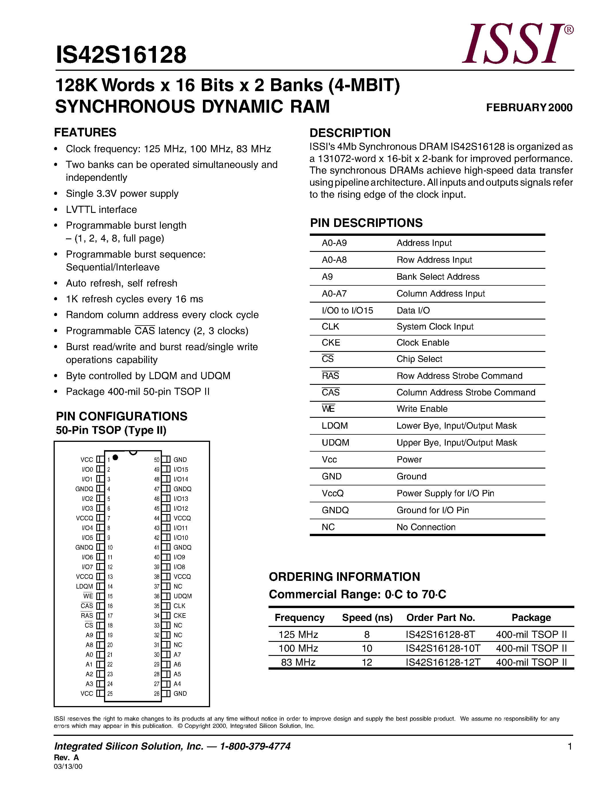 Datasheet IS42S16128 - 128K words x 16 Bits x 2 Banks SDRAM page 1