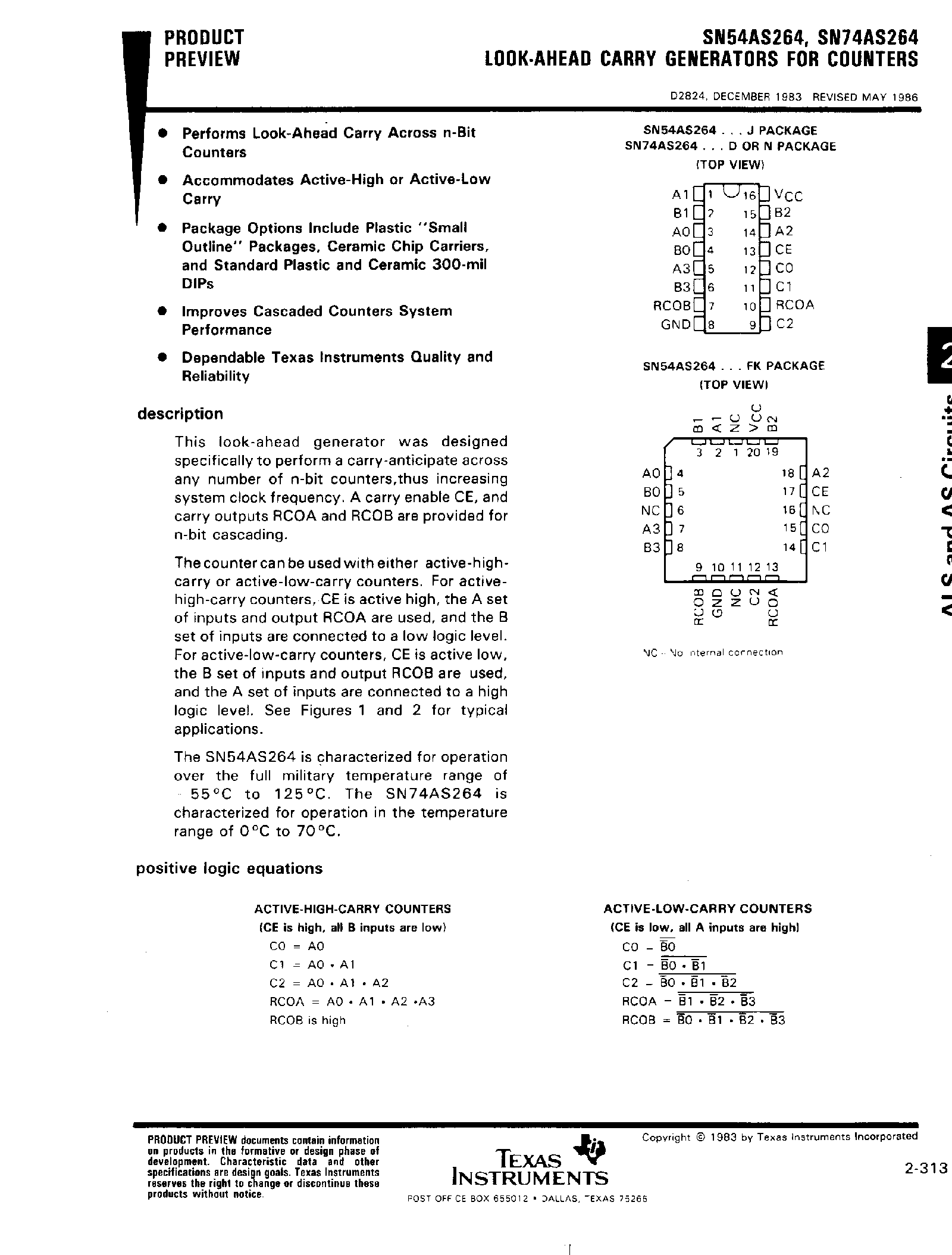 Datasheet SN74AS264 page 1 Datasheet SN74AS264 - Look-Ahead Carry Generators for Countera page 1