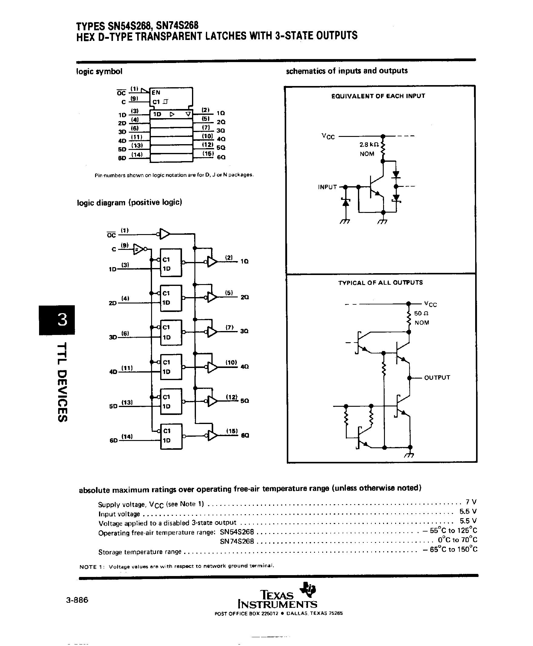Datasheet SN74S268 page 2 Datasheet SN74S268 - Hex D Type Transparent Latches with 3 State Outputs page 2