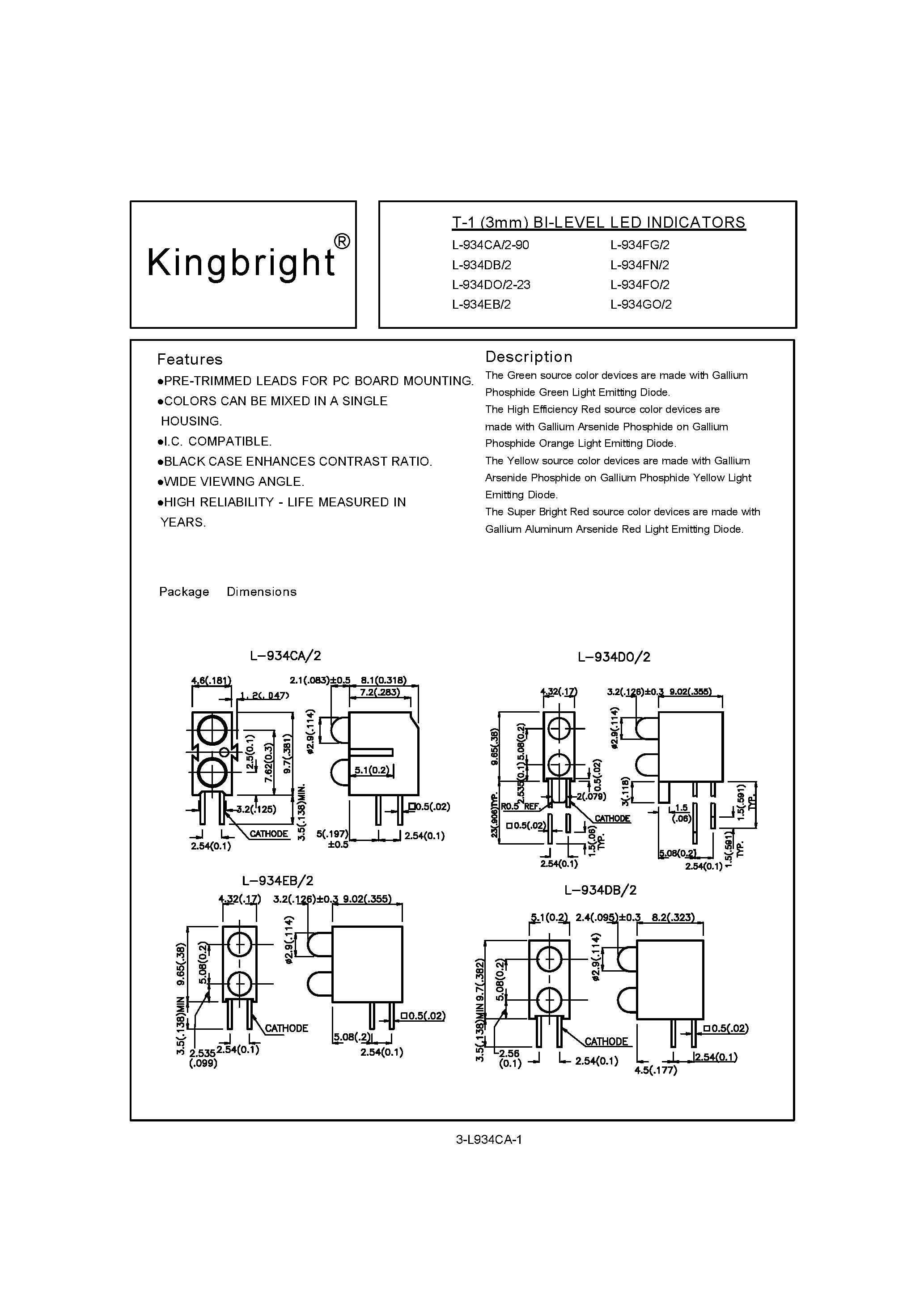 Даташит L-934 - T-1 Bi-Level LED Indicators страница 1