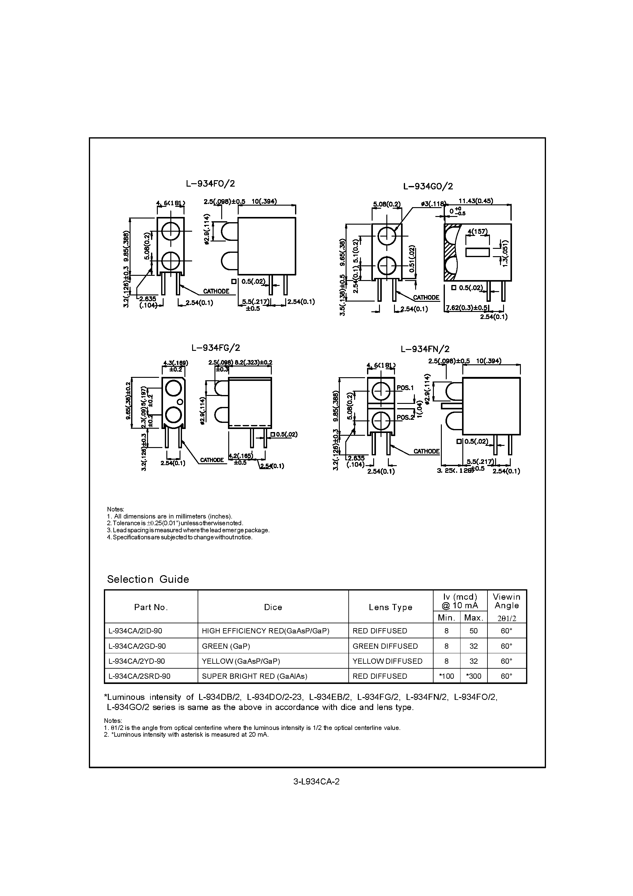Datasheet L-934 - T-1 Bi-Level LED Indicators page 2