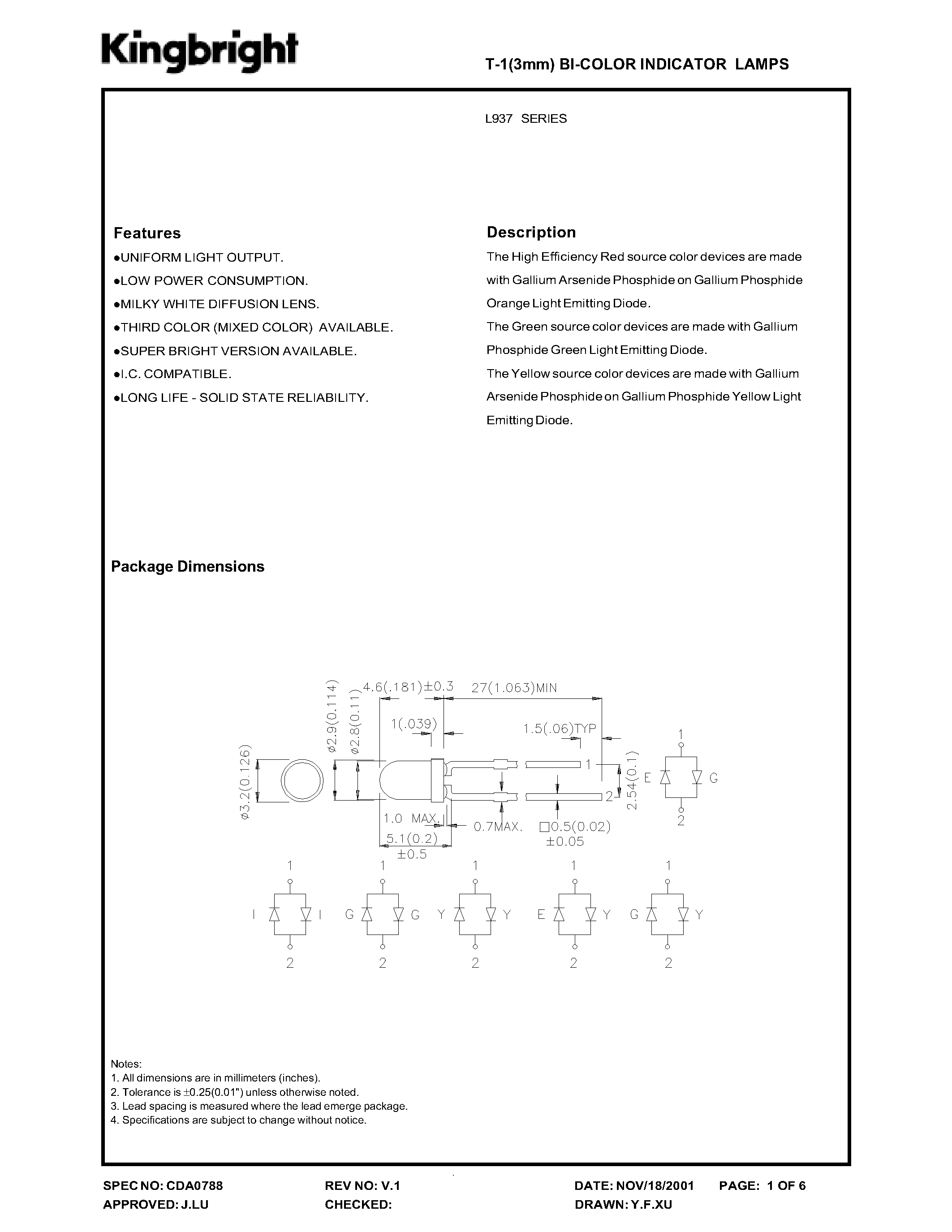 Даташит L937 - T-1 Bi-Color Indicator Lamps страница 1