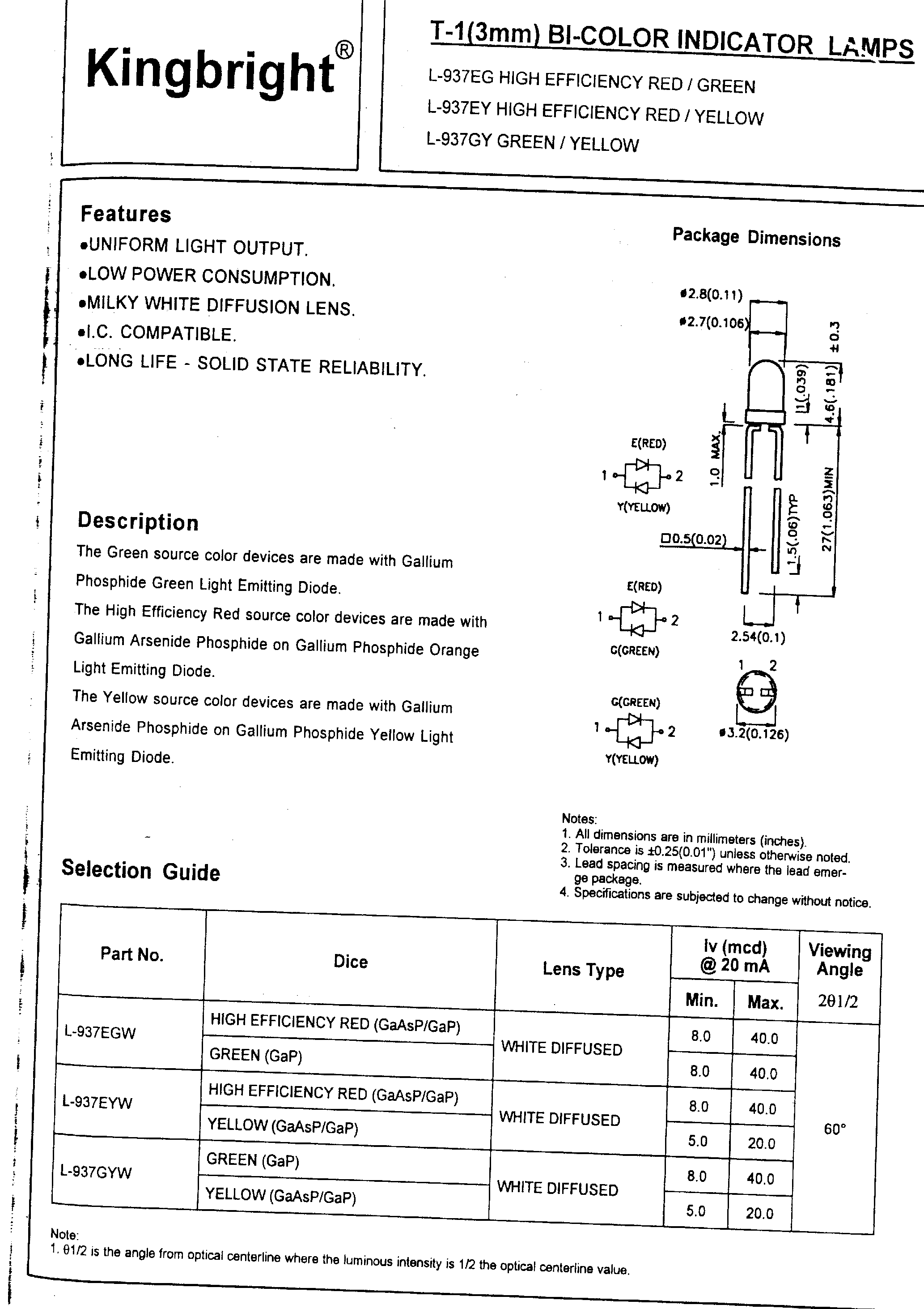 Даташит L-937 - T-1 Bi-Color Indicator Lamps страница 1
