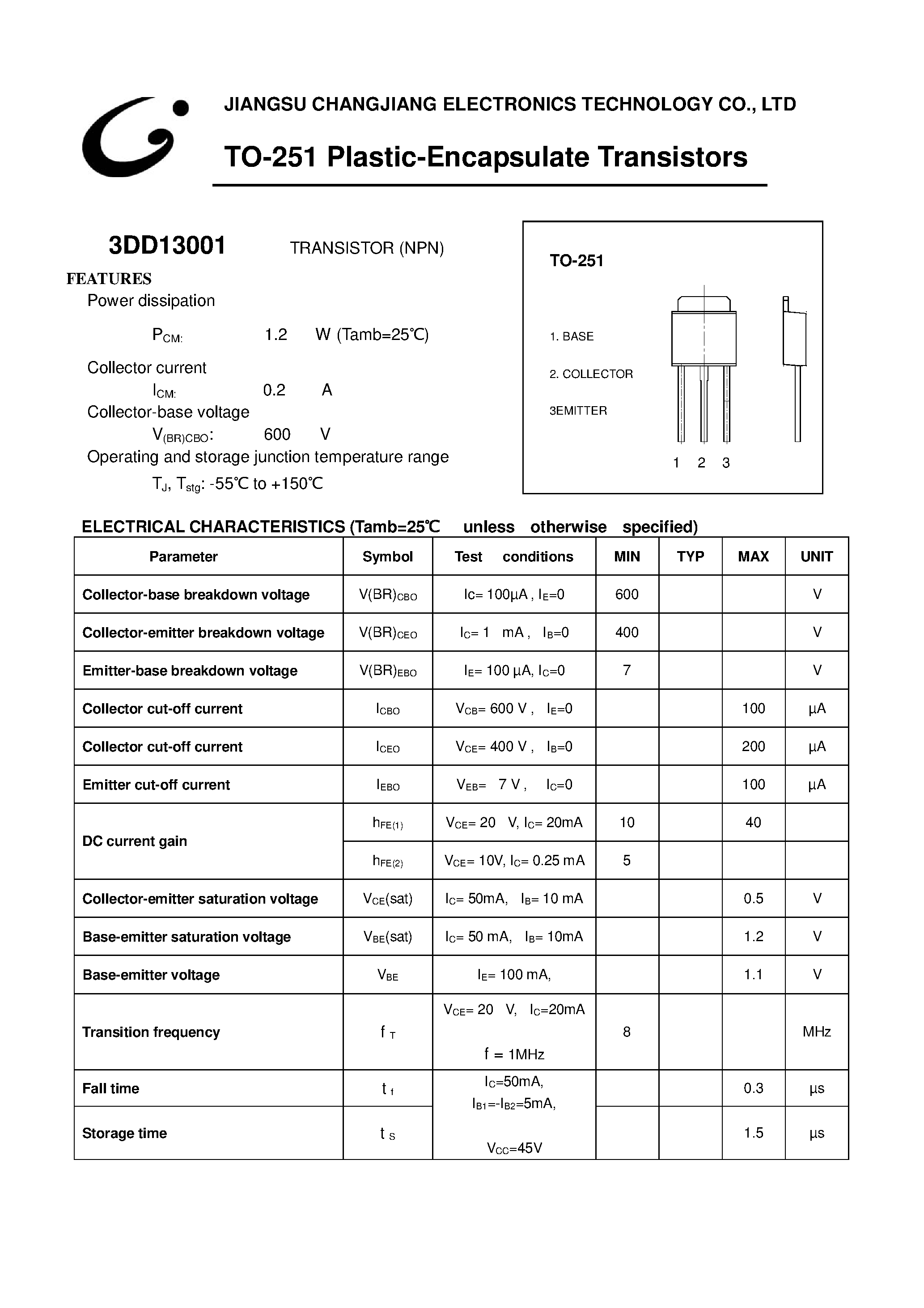 Даташит 3CD3001 - TO-251 Plastic Encapsulate Transistors страница 1