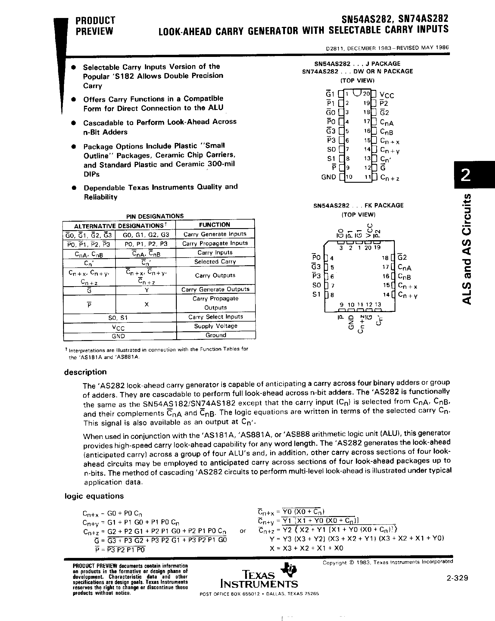 Datasheet SN74AS282 page 1 Datasheet SN74AS282 - Look Ahead Carry Generator with Selectable Carry Inputs page 1
