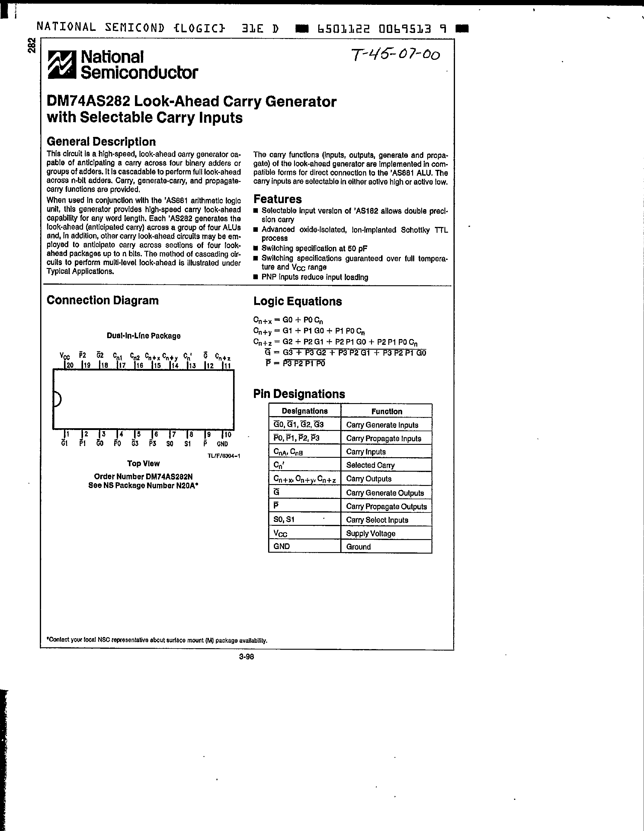 Datasheet DM74AS282 page 1 Datasheet DM74AS282 - Look Ahead Carry Generator with Selectable Carry Inputs page 1