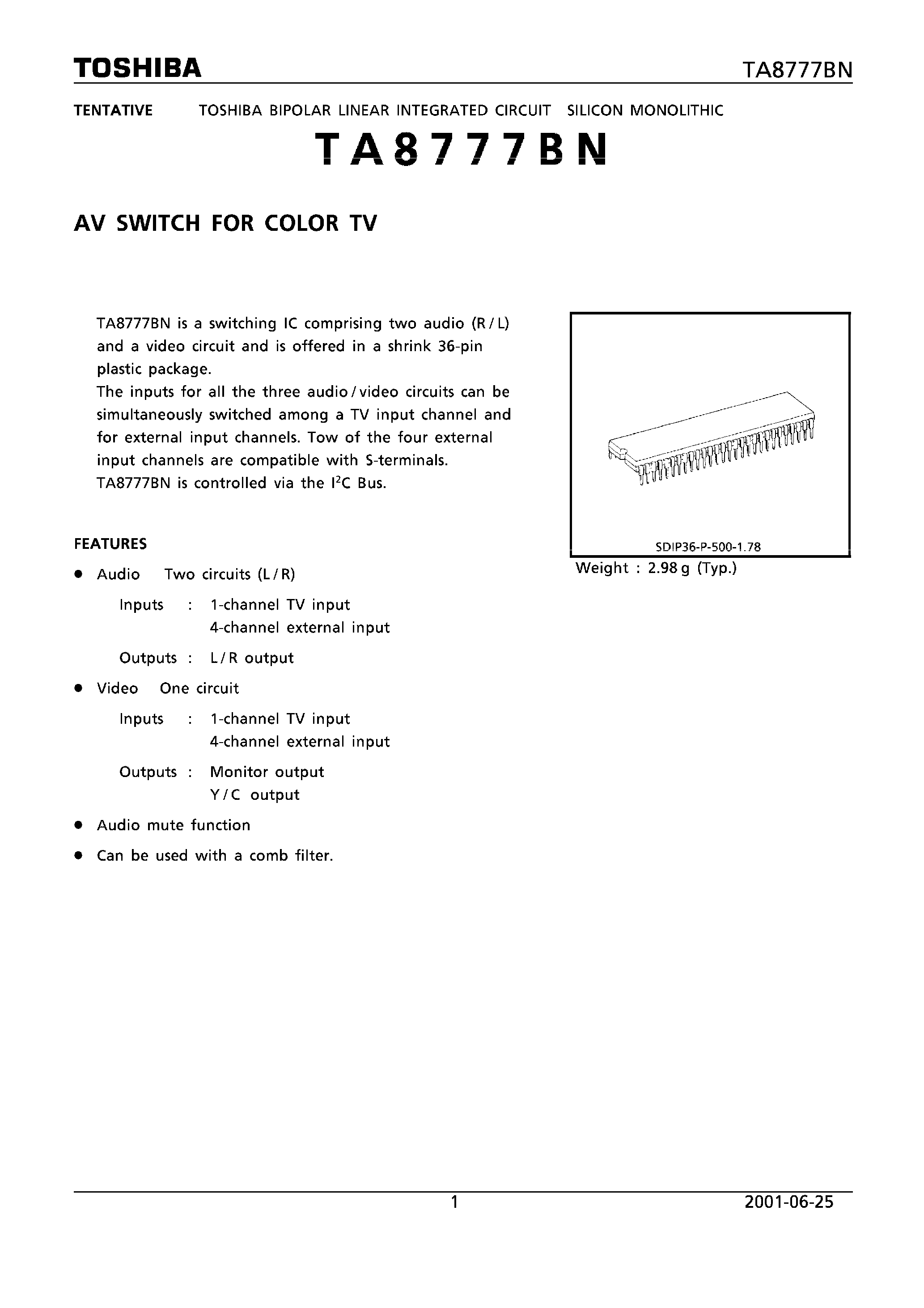 Datasheet TA8777BN page 1 Datasheet TA8777BN - AV SWITCH FOR COLOR TV page 1