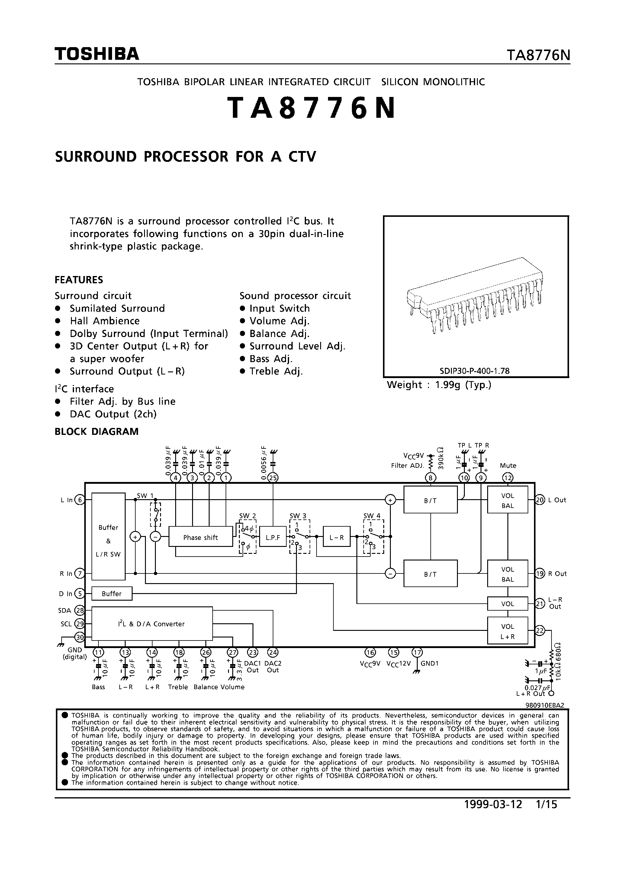 Datasheet TA8776N - SURROUND PROCESSOR FOR A CTV page 1