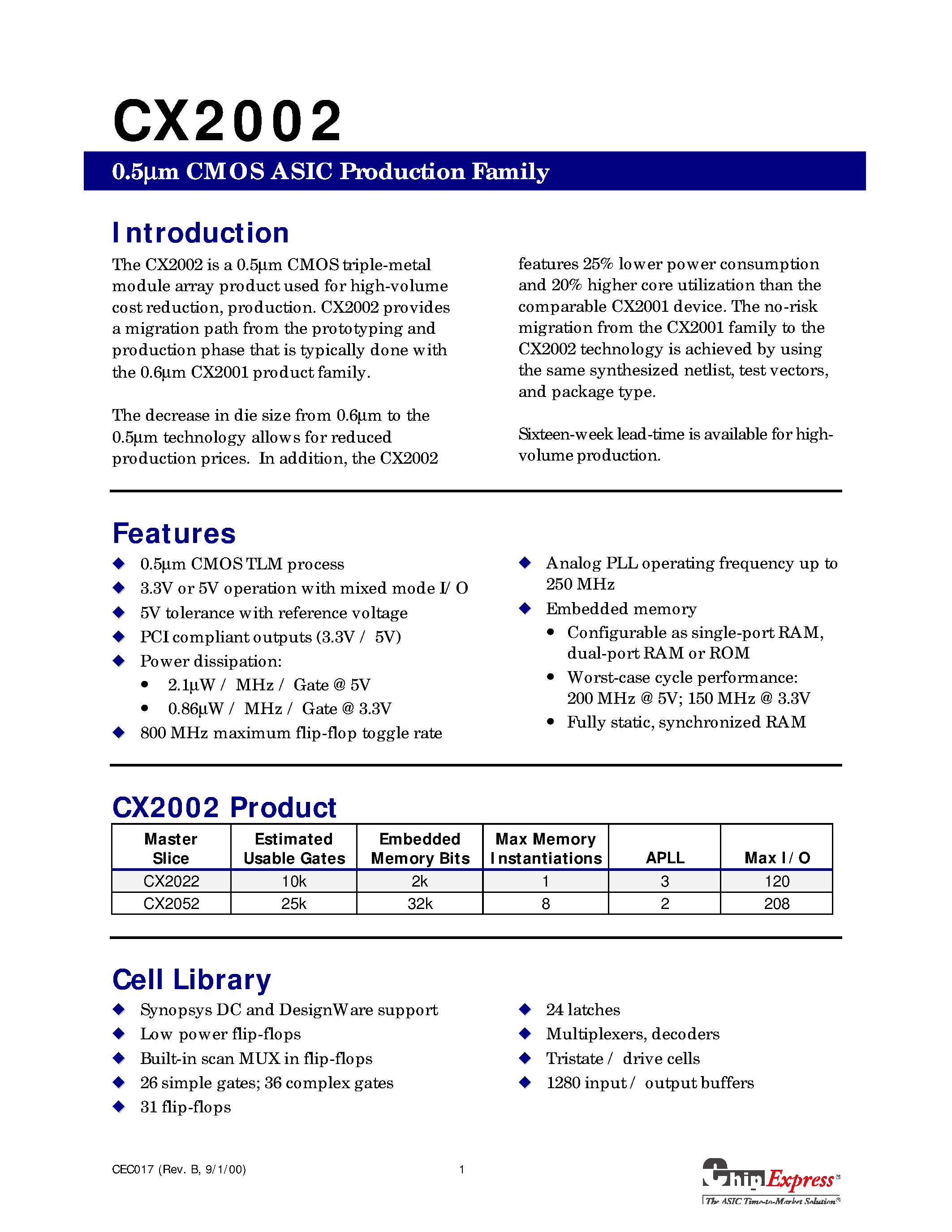 Datasheet CX2002 page 1 Datasheet CX2002 - 0.5u CMOS Gate Array Family page 1
