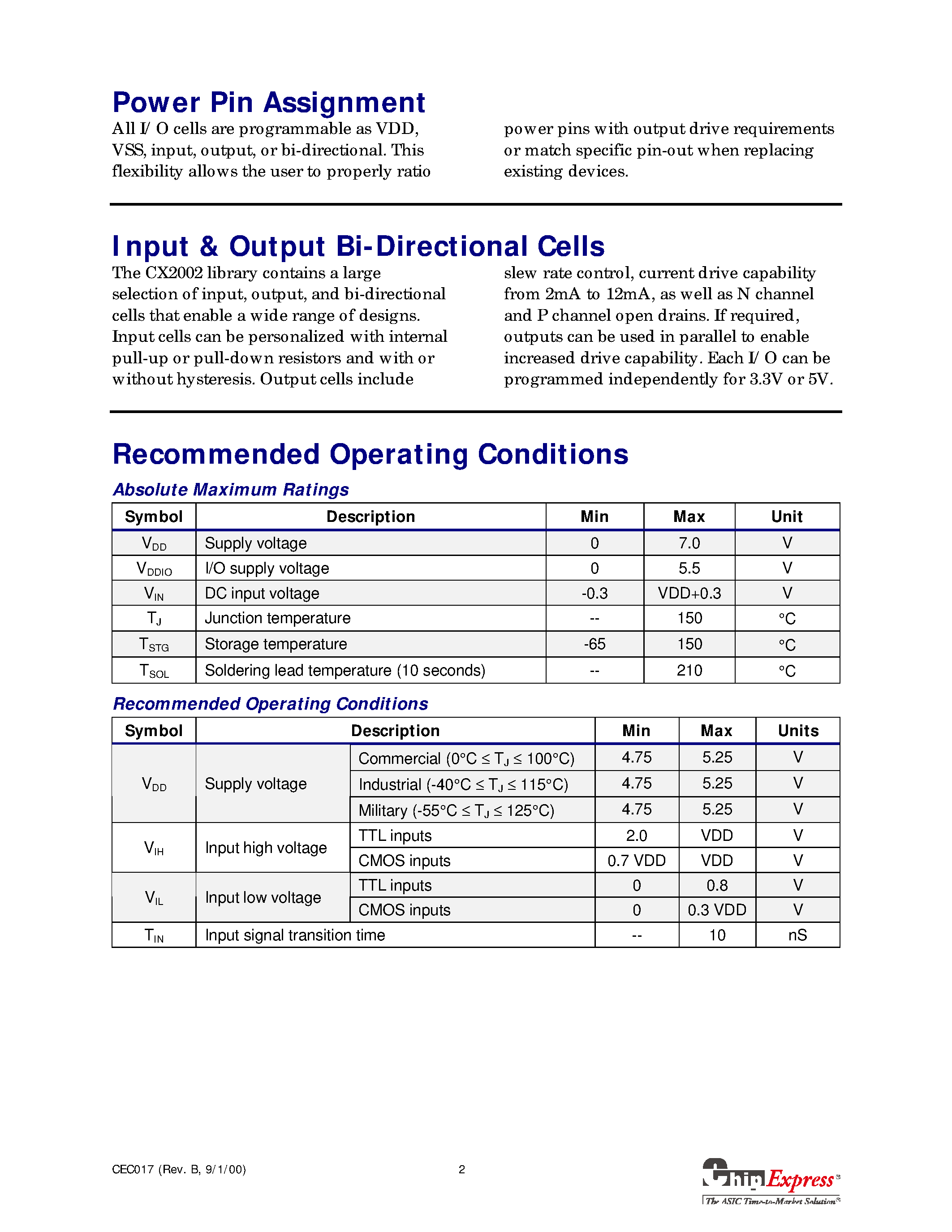 Datasheet CX2002 page 2 Datasheet CX2002 - 0.5u CMOS Gate Array Family page 2