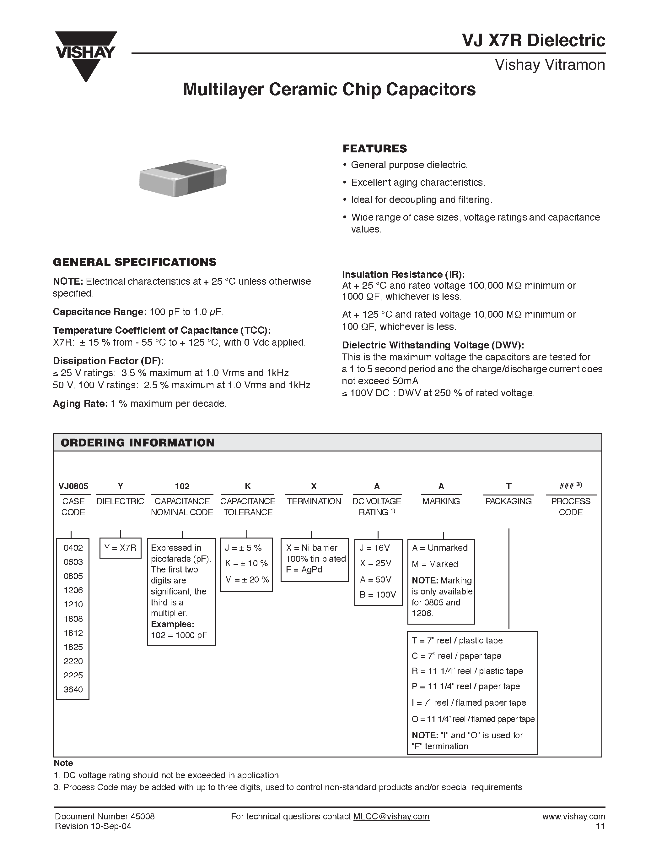 Datasheet VJ0805Y223xxx - Multilayer Ceramic Chip Capacitors page 1