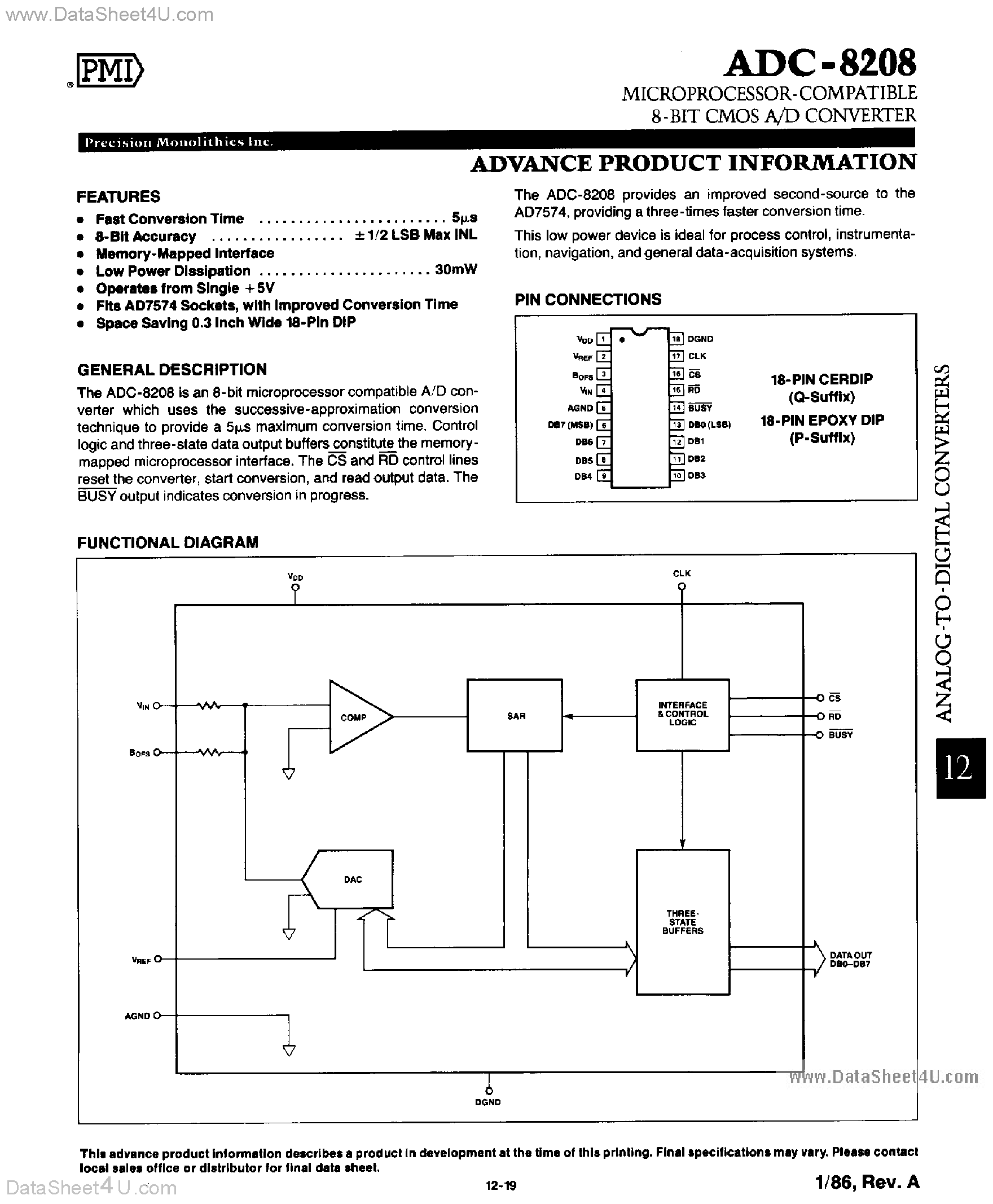 Datasheet ADC8208 - Microprocessor Compatible 8 Bit CMOS A/D Converter page 1